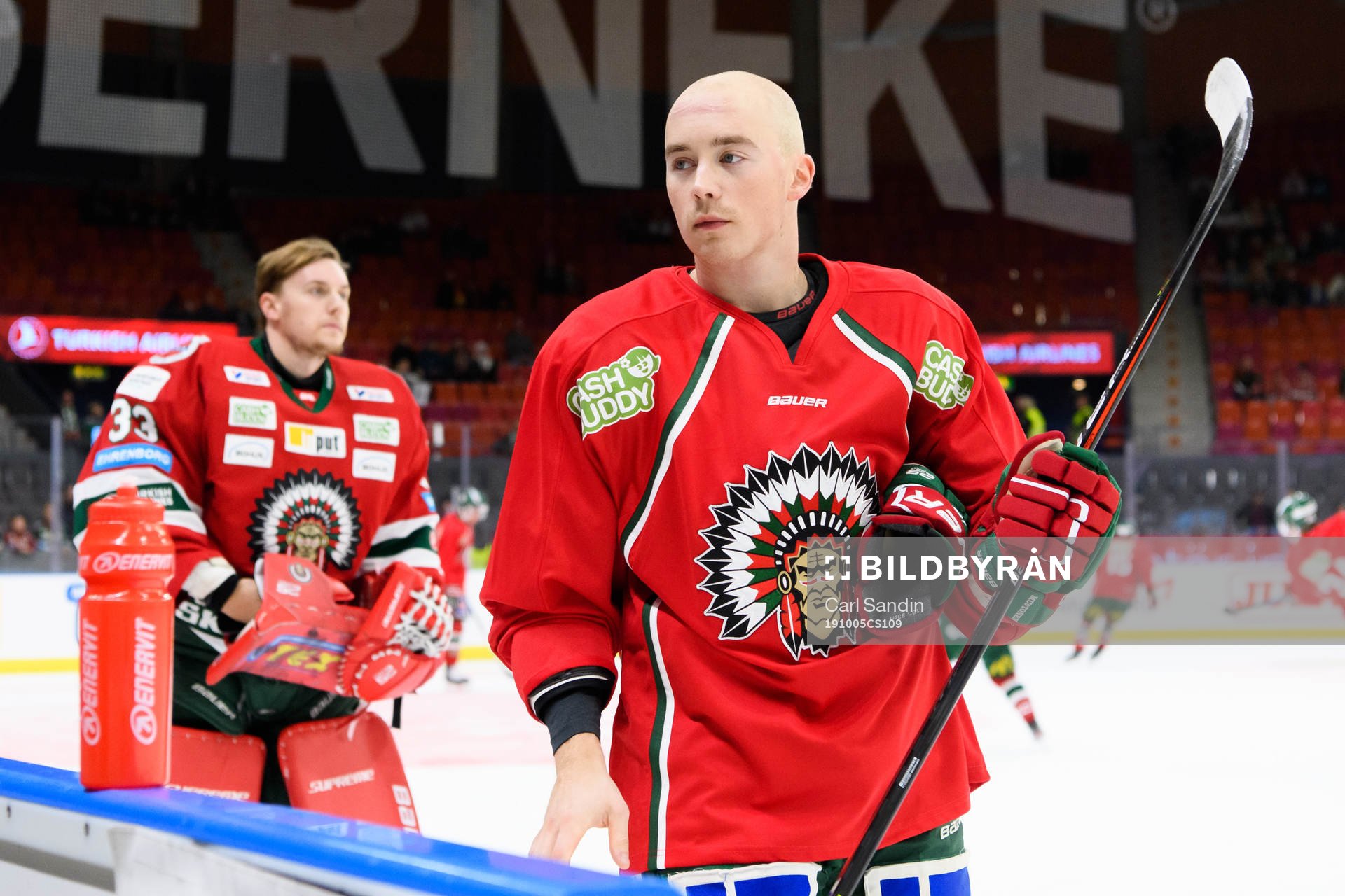 Frölundas Joel Mustonen innan ishockeymatchen i SHL mellan
