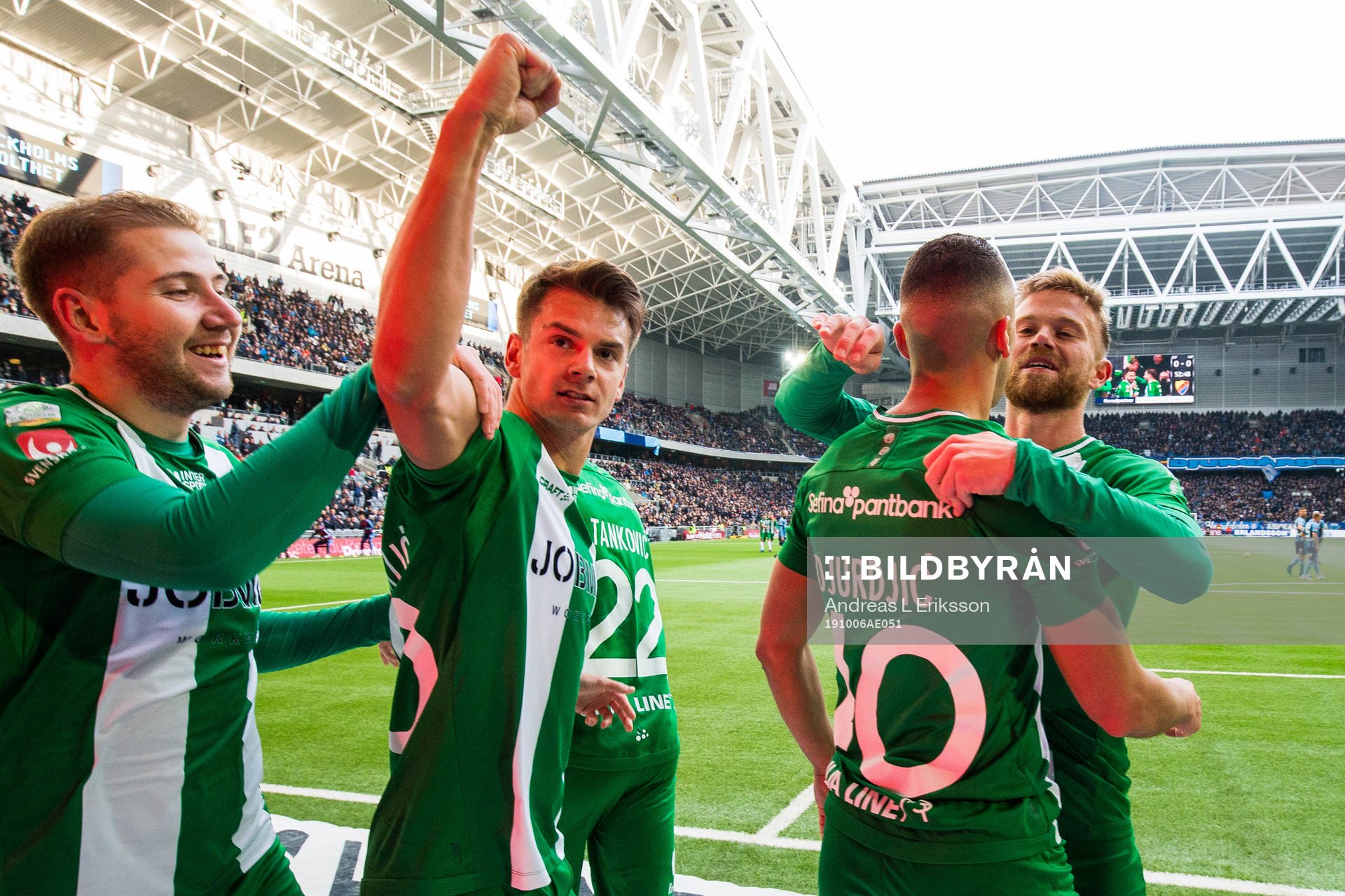 Hammarbys Darijan Bojanic, Alexander Kacaniklic och Dennis Widgren jublar tillsammans med Nikola Djurdjic som gjort 0-1 för Hammarby under fotbollsmatchen i Allsvenskan mellan Djurgården och Hammarby den 6 oktober 2019 i Stockholm.