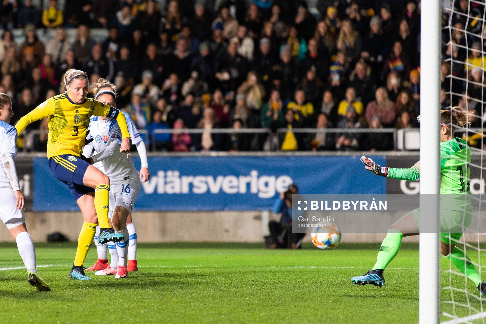 Linda Sembrant of Sweden scores 3-0 behind goalkeeper Maria
