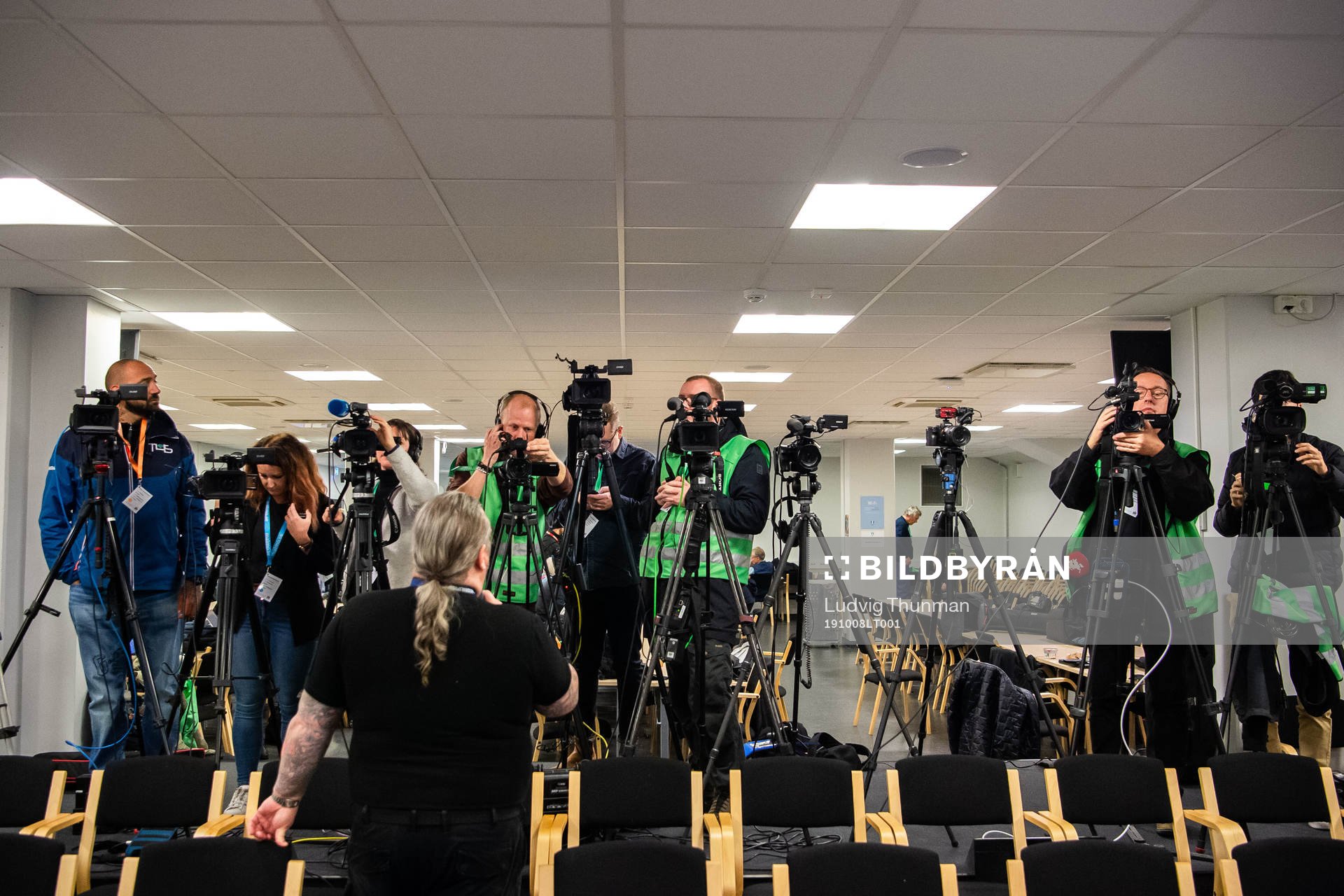 Journalists prepare their cameras during the press conference ahead of the revealing ceremony of Zlatan Ibrahimovic statue at Stadiontorget on October 8, 2019 in Malmö.
