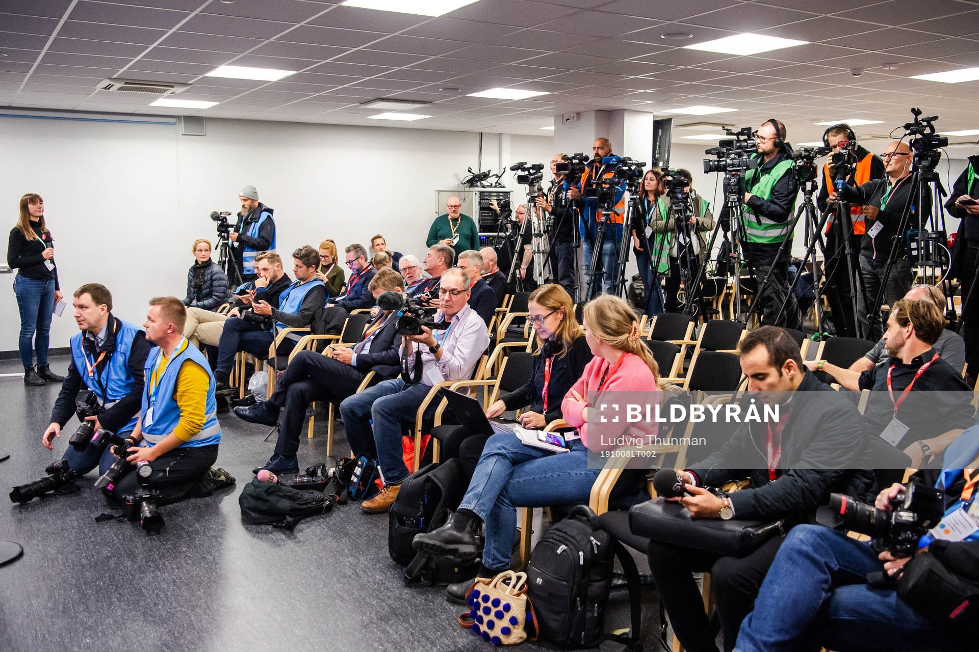 Journalists prepare their cameras during the press conference ahead of the revealing ceremony of Zlatan Ibrahimovic statue at Stadiontorget on October 8, 2019 in Malmö.