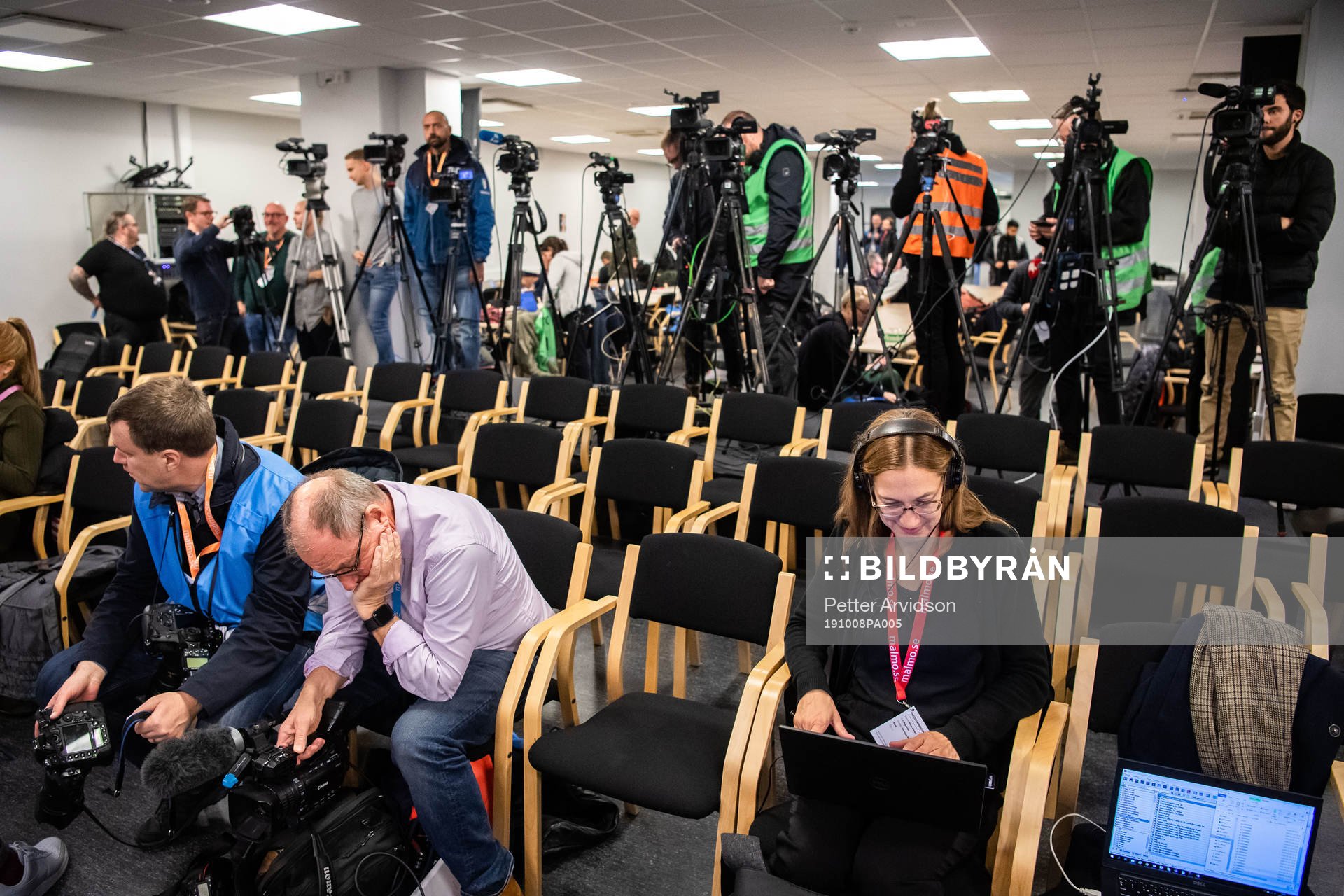 Journalists during the press conference ahead of the revealing ceremony of Zlatan Ibrahimovic statue at Stadiontorget on October 8, 2019 in Malmö.