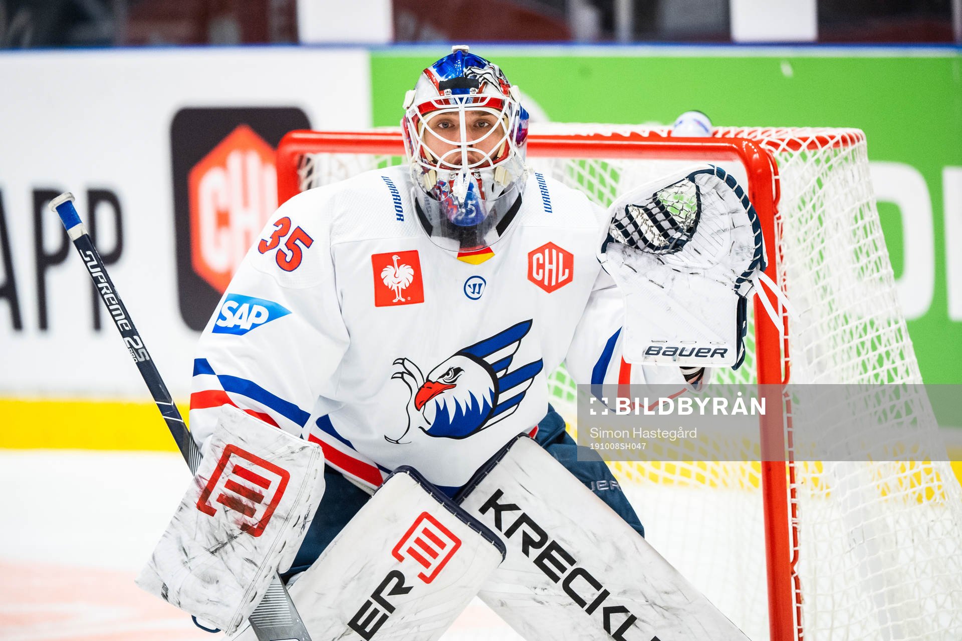 Goalkeeper Johan Gustafsson of Adler Mannheim