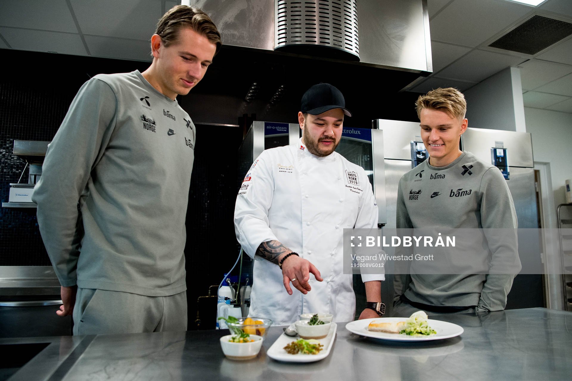 Sander Berge, Christian André Pettersen and Martin Ødegaard of Norway during a press event on October 8, 2019 in Oslo.
