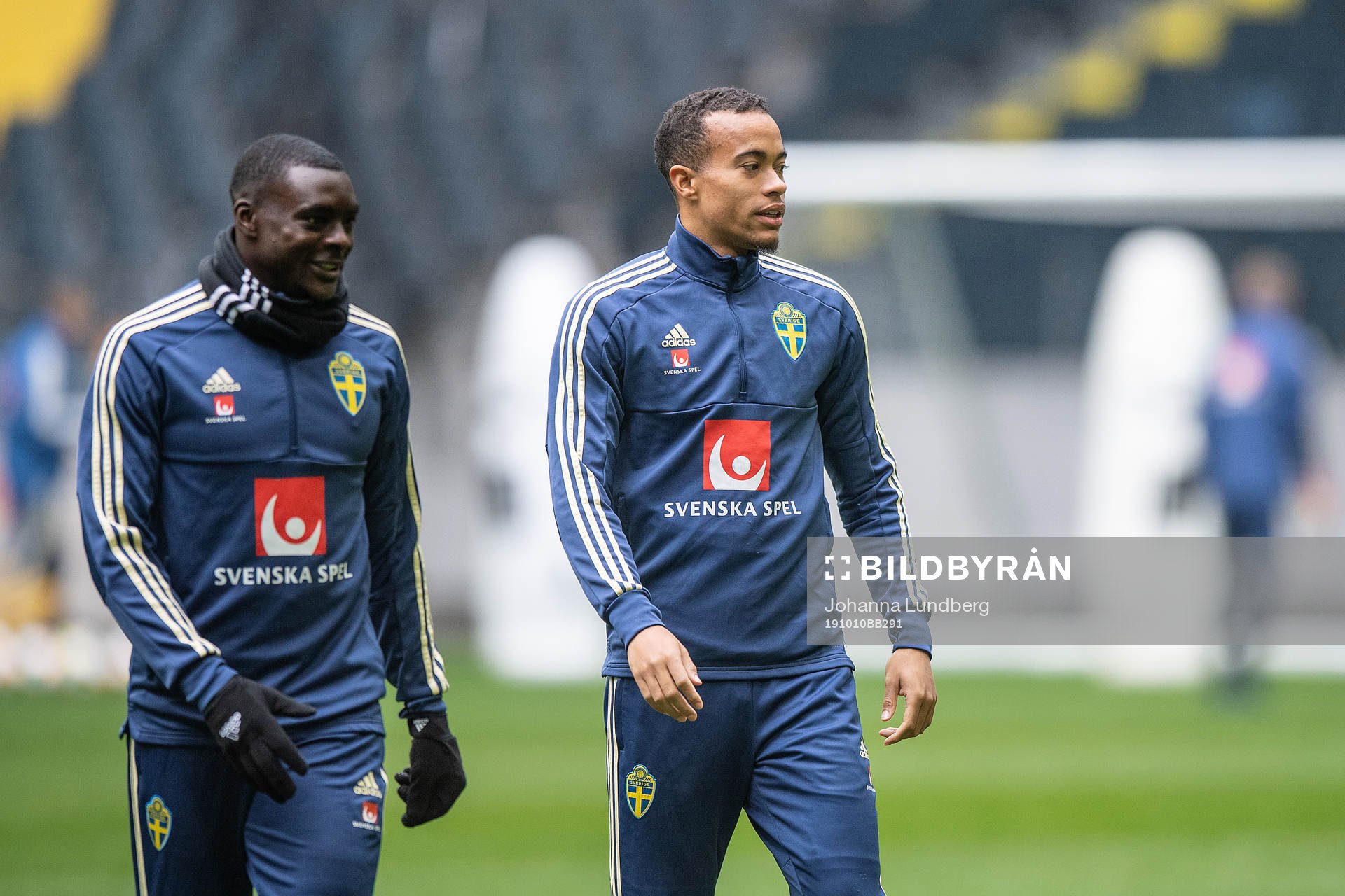 Ken Sema and Robin Quaison of the Swedish national football team during a training session on October 10, 2019 in Stockholm.