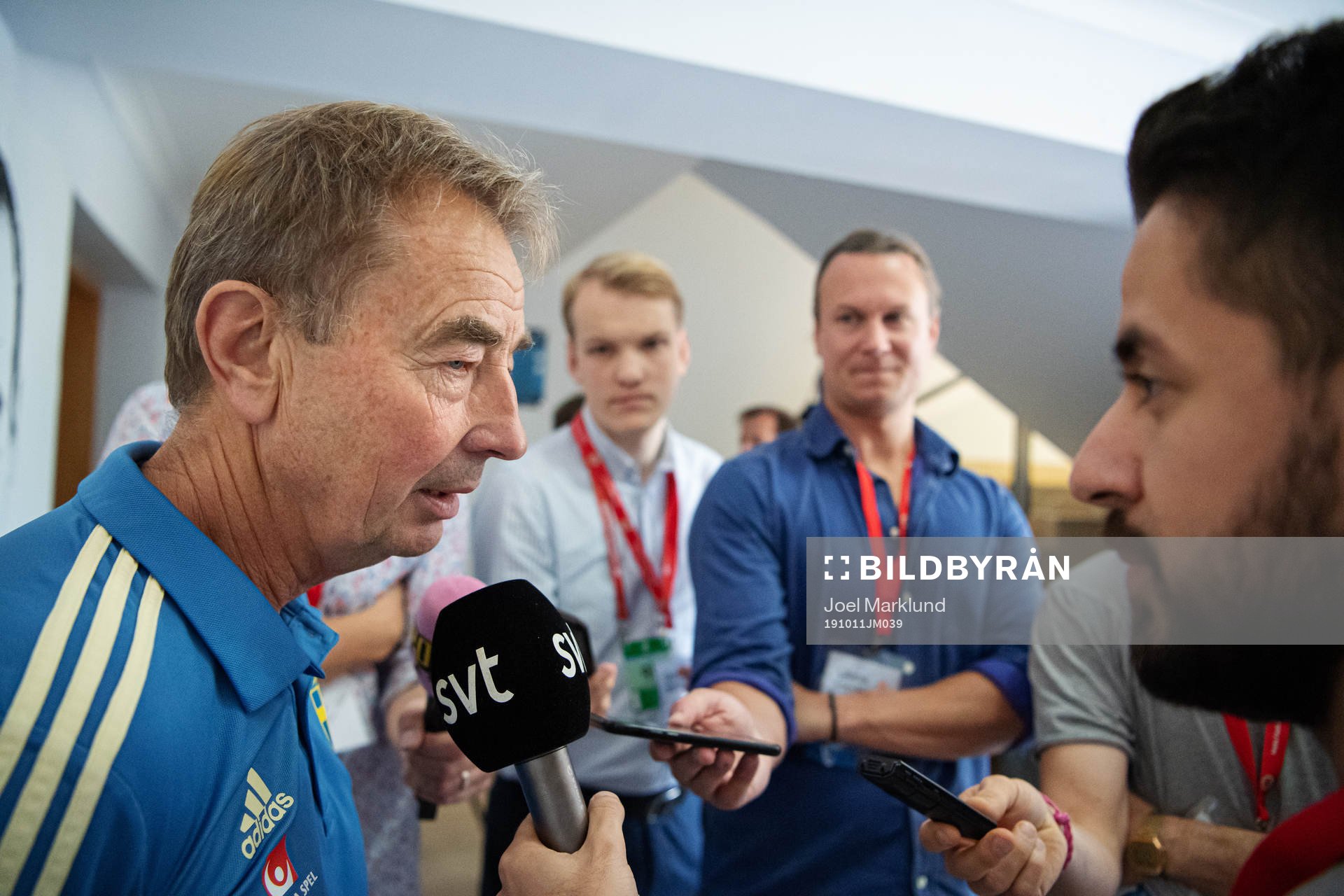 Scout Tom Prahl of the Swedish national football team is being interviewed by media after a training session on October 11, 2019 in Ta'Qali.