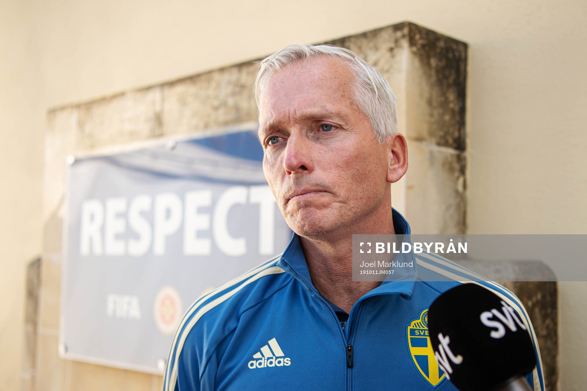 Håkan Sjöstrand, general secretary of the Swedish Football Association, is being interviewed by media after the Swedish national football team’s training session on October 11, 2019 in Ta'Qali.