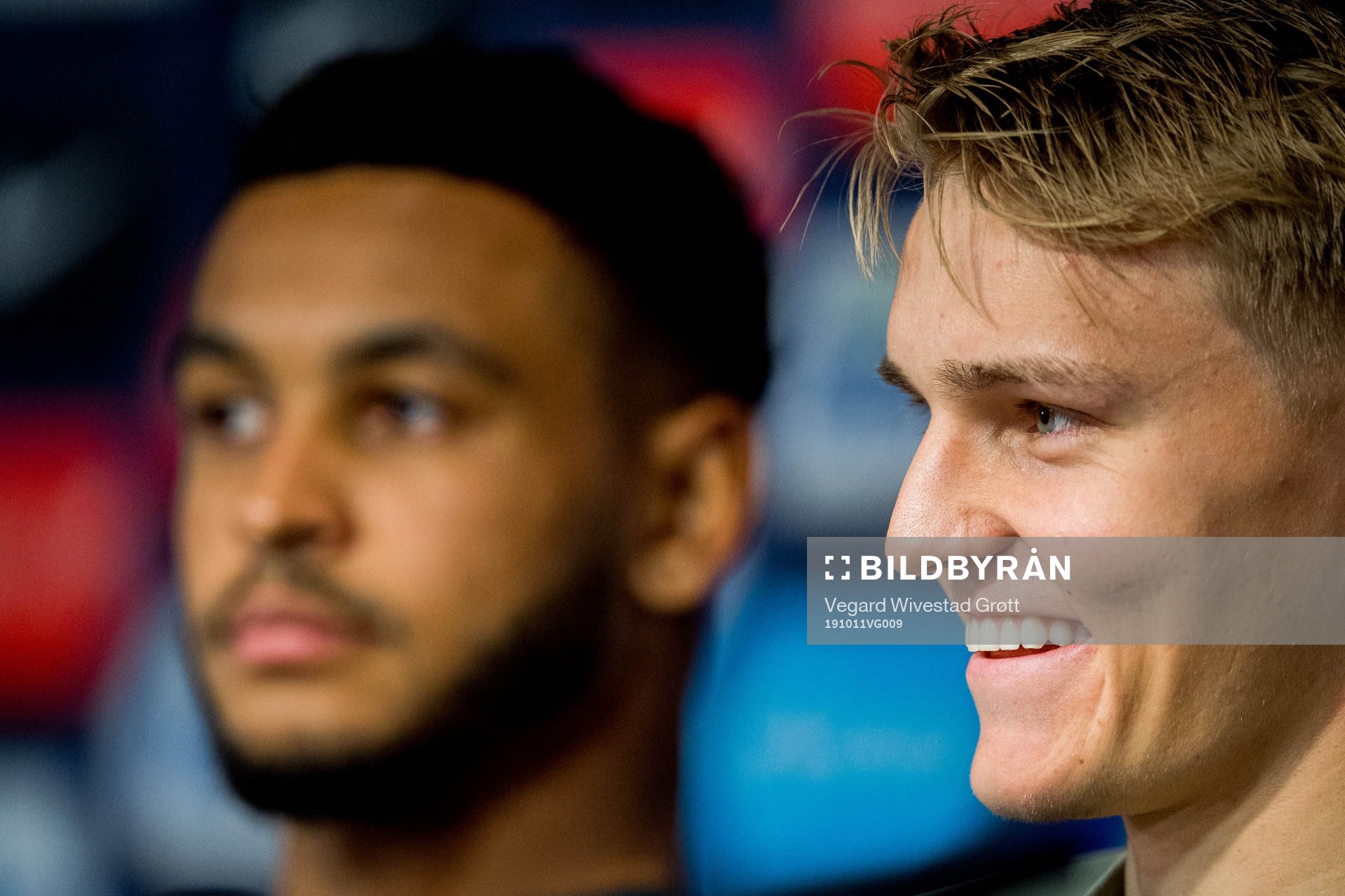 Martin Ødegaard and Joshua King of Norway during a press conference on October 11, 2019 in Oslo.