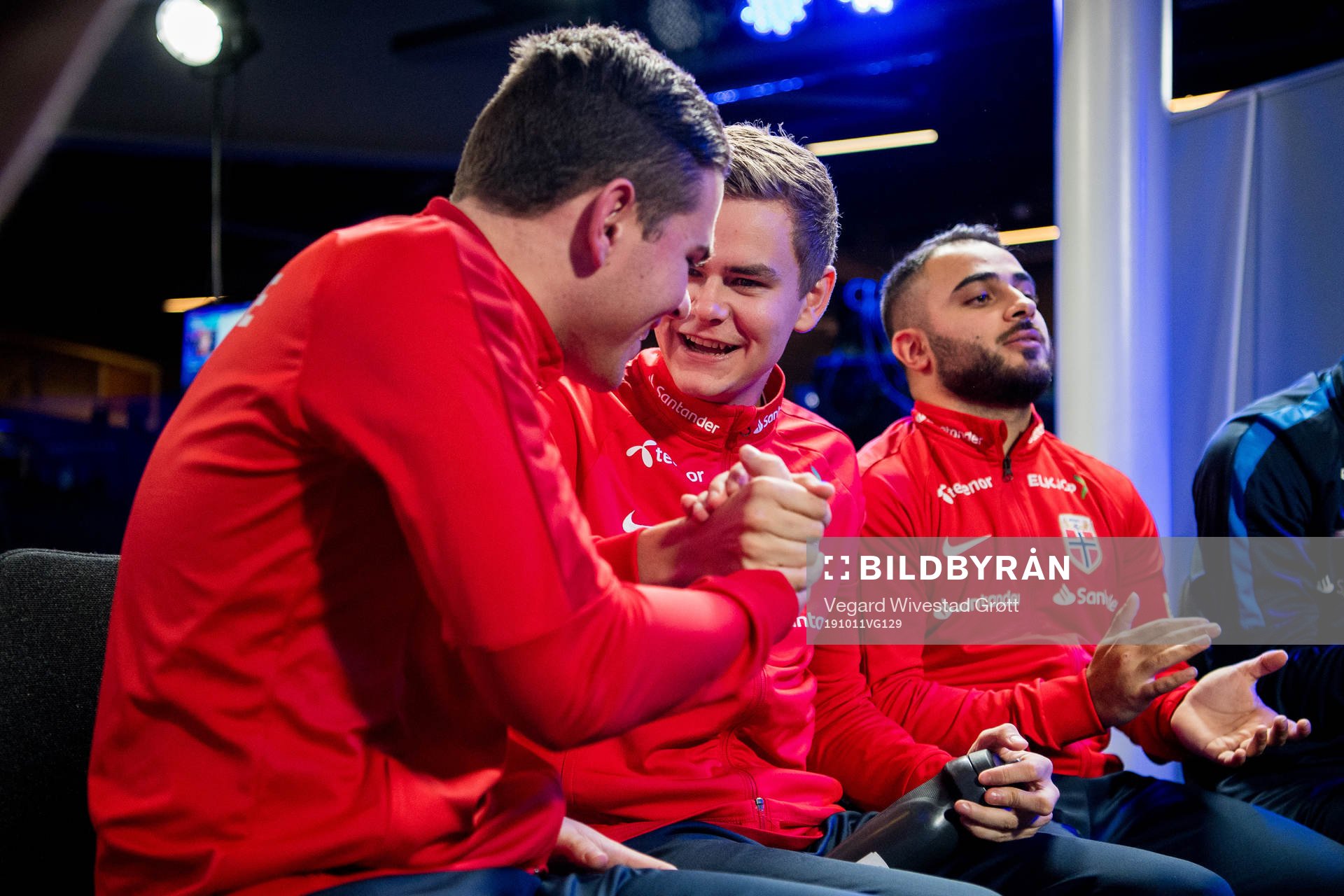Andreas Bakken, Anders Rasmussen and Arkan Resul of Norway celebrate during the e-football friendly match between Norway and Spain on October 11, 2019 in Oslo.