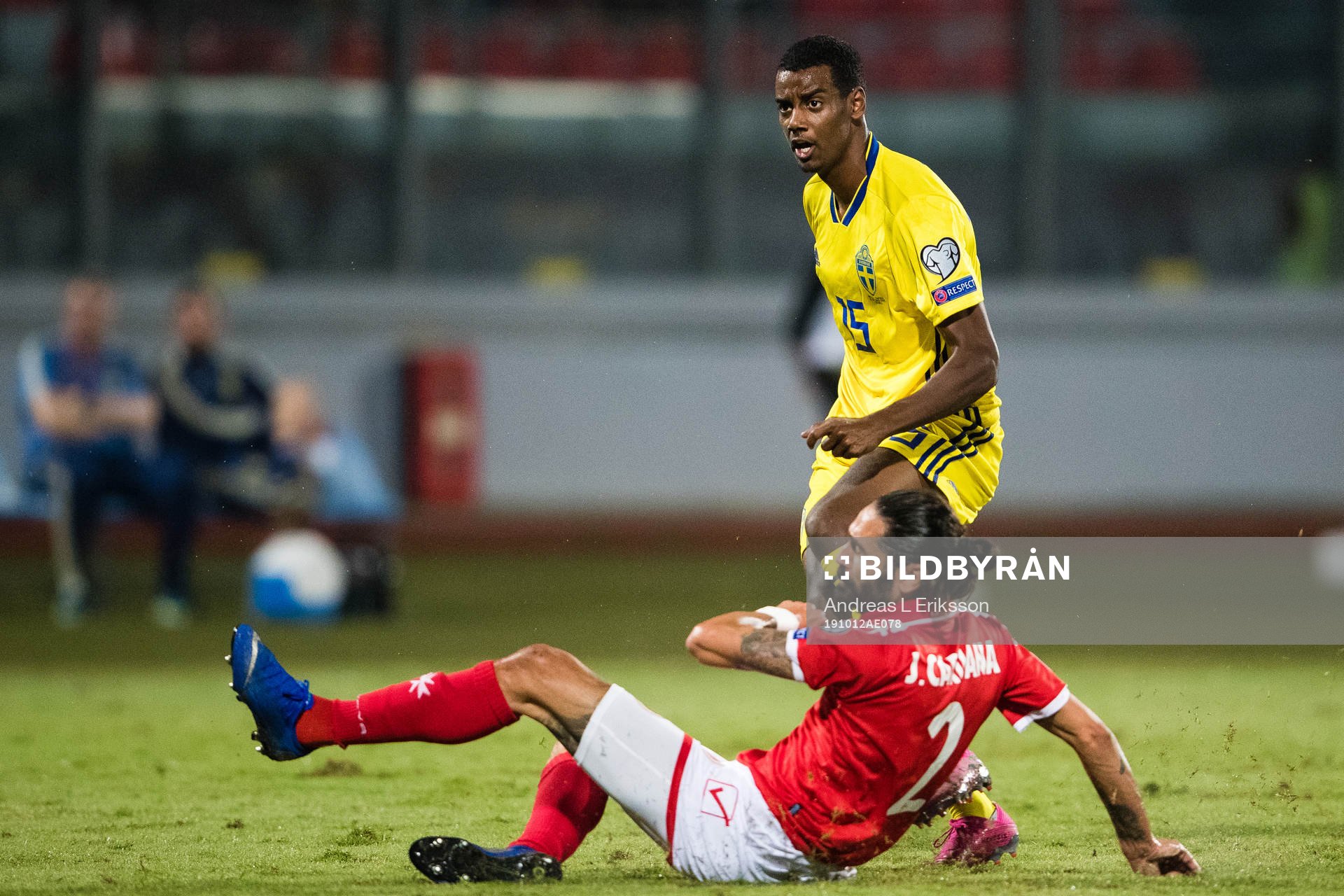 Alexander Isak of Sweden and Jonathan Caruana of Malta during the UEFA Euro Qualifier football match between Malta and Sweden on October 12, 2019 in Ta'Qali.