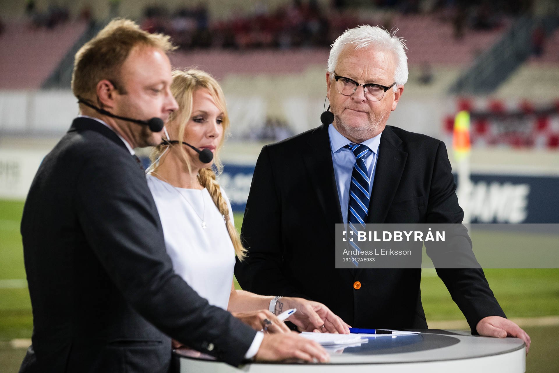 Anders Andersson, Anna Brolin and Hasse Beacke of Cmore ahead of the UEFA Euro Qualifier football match between Malta and Sweden on October 12, 2019 in Ta'Qali.