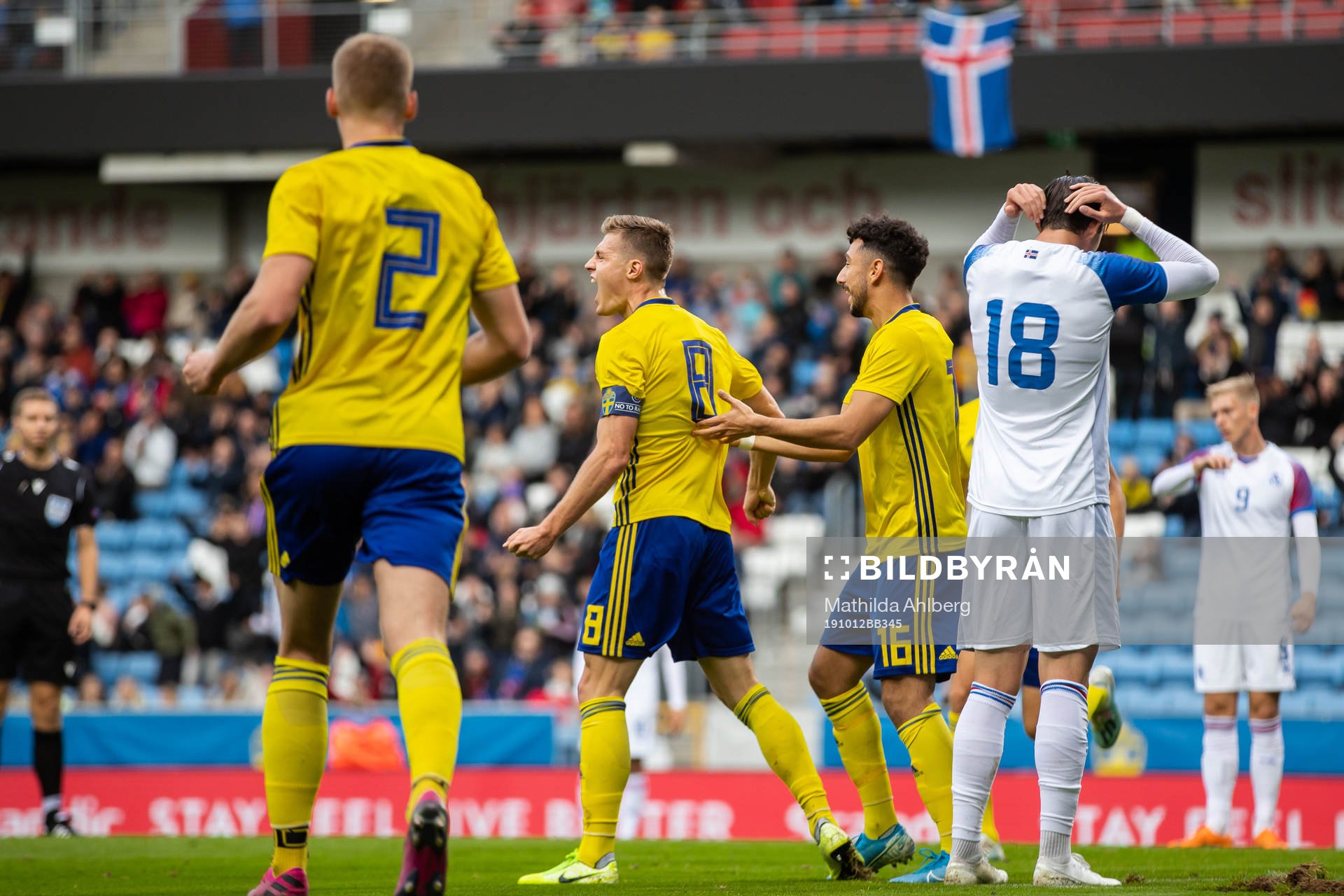 Mattias Svanberg and Daleho Irandust of Sweden celebrate after 1-0 during the UEFA European Under-21 Qualifier football match between Sweden and Iceland on October 12, 2019 in Helsingborg.