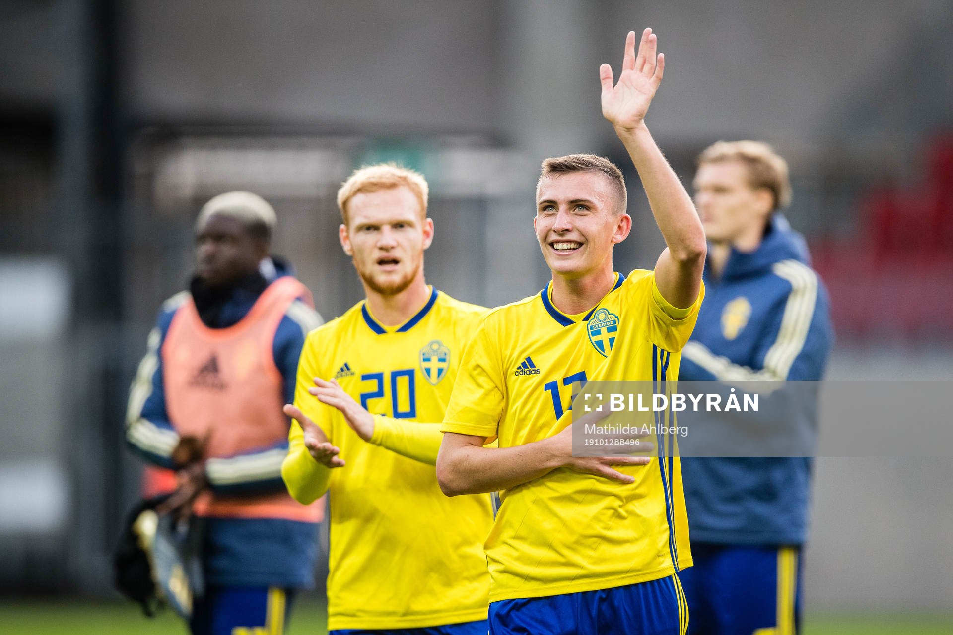 John Björkengren of Sweden celebrates efter winning the UEFA European Under-21 Qualifier football match between Sweden and Iceland on October 12, 2019 in Helsingborg.