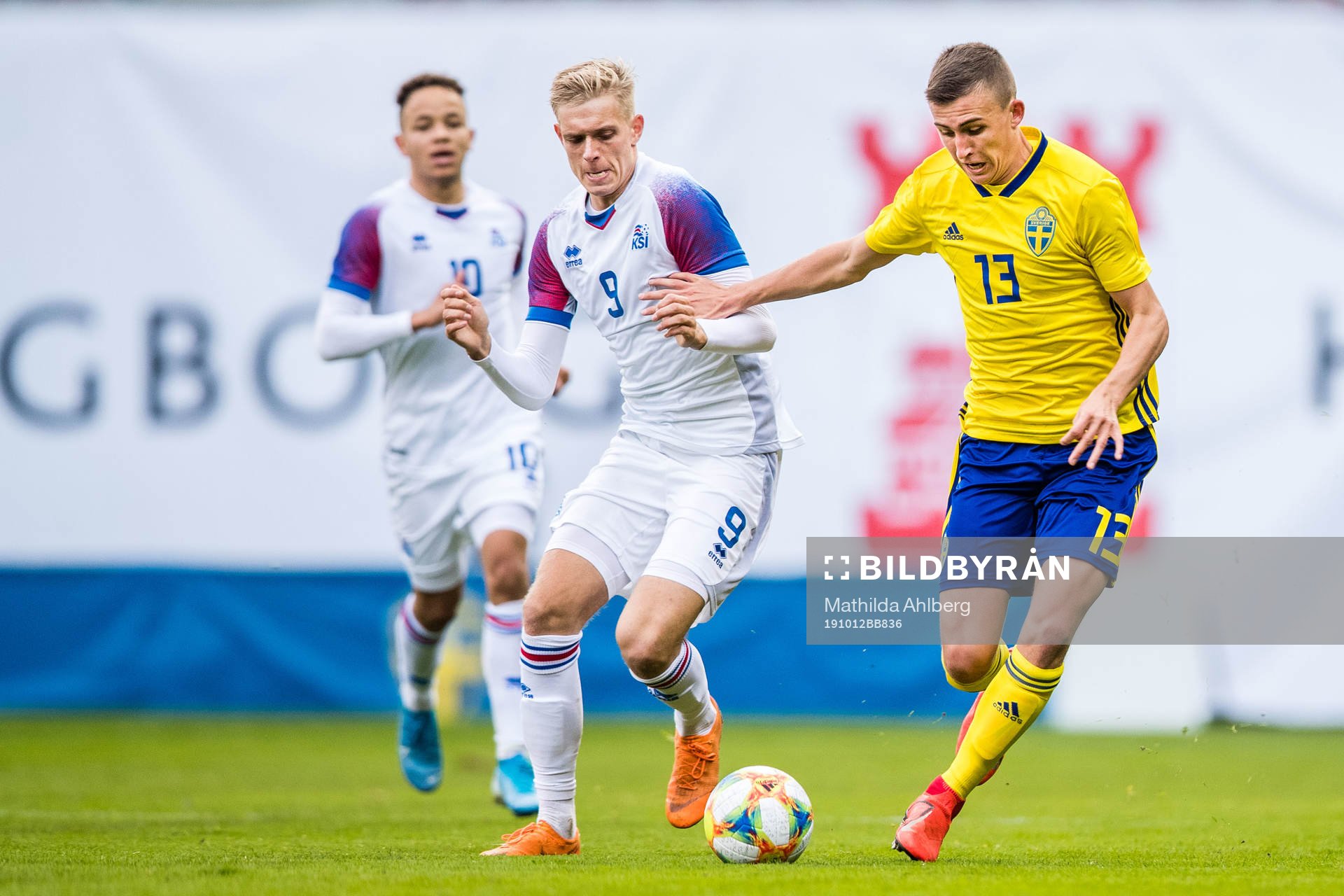Stefan Teitur Pordarson of Iceland and John Björkengren of Sweden during the UEFA European Under-21 Qualifier football match between Sweden and Iceland on October 12, 2019 in Helsingborg.