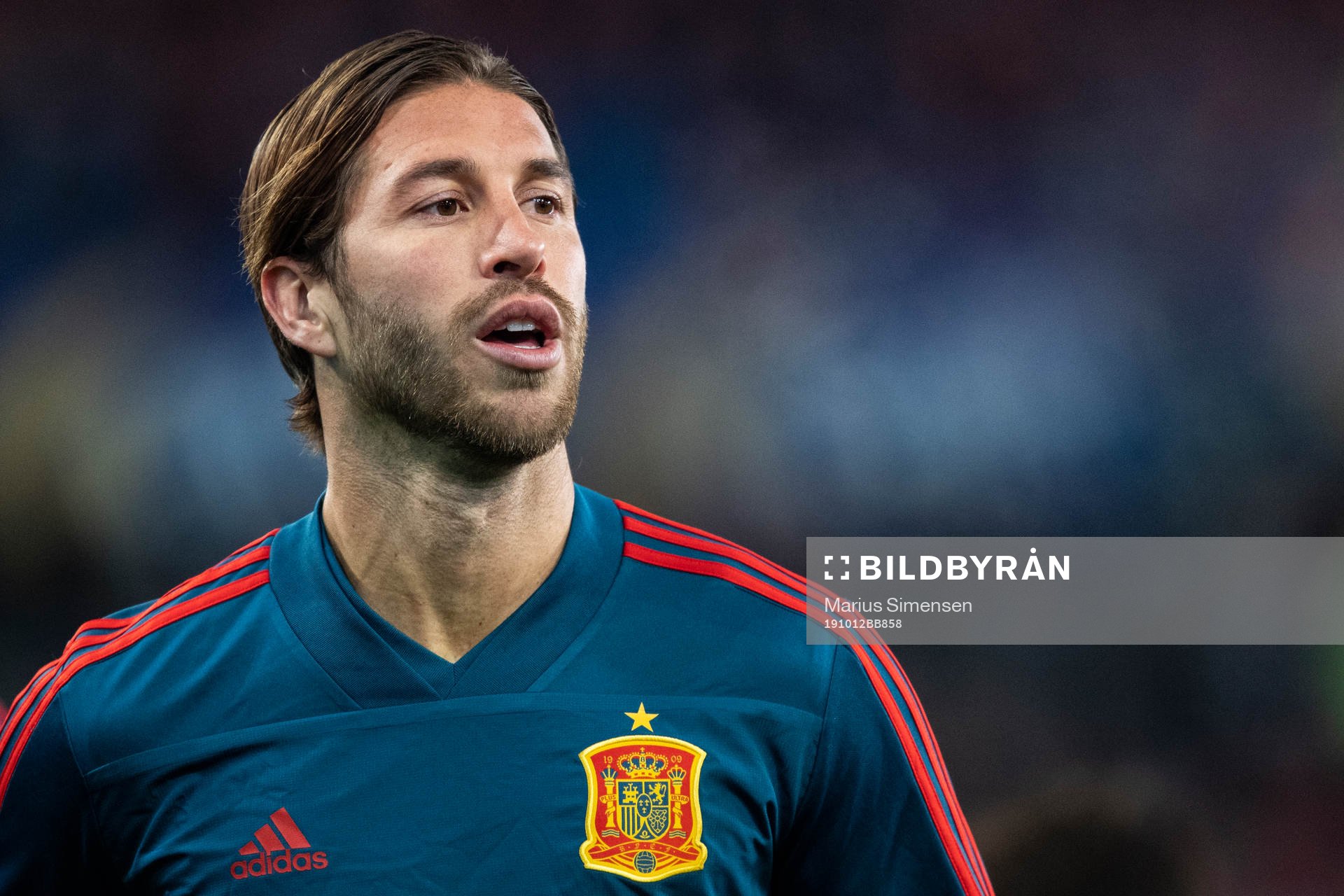 Sergio Ramos of Spain during warm up ahead of the UEFA Euro Qualifier football match between Norway and Spain on October 12, 2019 in Oslo.
