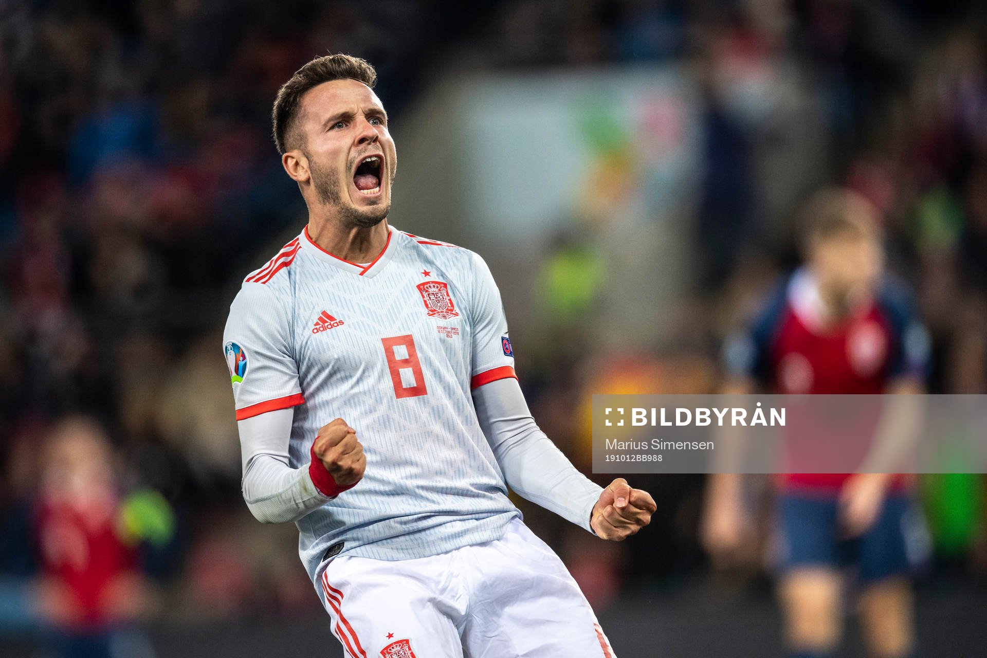 Saul Niguez of Spain celebrates after his 0-1 goal during the UEFA Euro Qualifier football match between Norway and Spain on October 12, 2019 in Oslo.