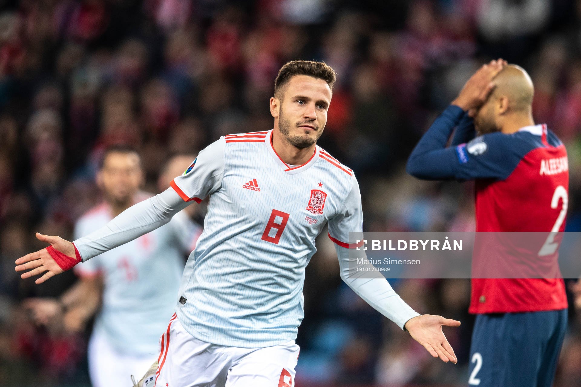 Saul Niguez of Spain celebrates after his 0-1 goal during the UEFA Euro Qualifier football match between Norway and Spain on October 12, 2019 in Oslo.