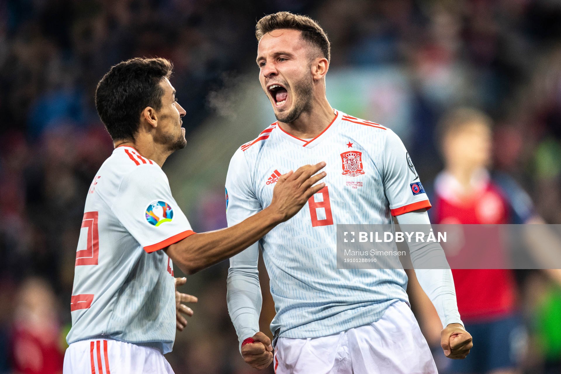 Saul Niguez of Spain celebrates together with Jesus Navas (l) after his 0-1 goal during the UEFA Euro Qualifier football match between Norway and Spain on October 12, 2019 in Oslo.