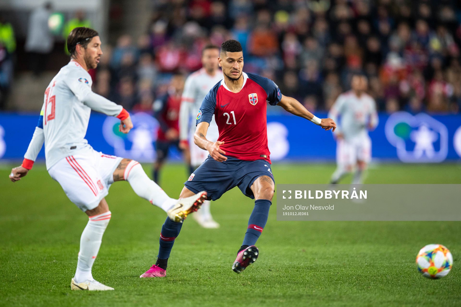 Sergio Ramos of Spain and Bjørn Maars Johnsen of Norway
