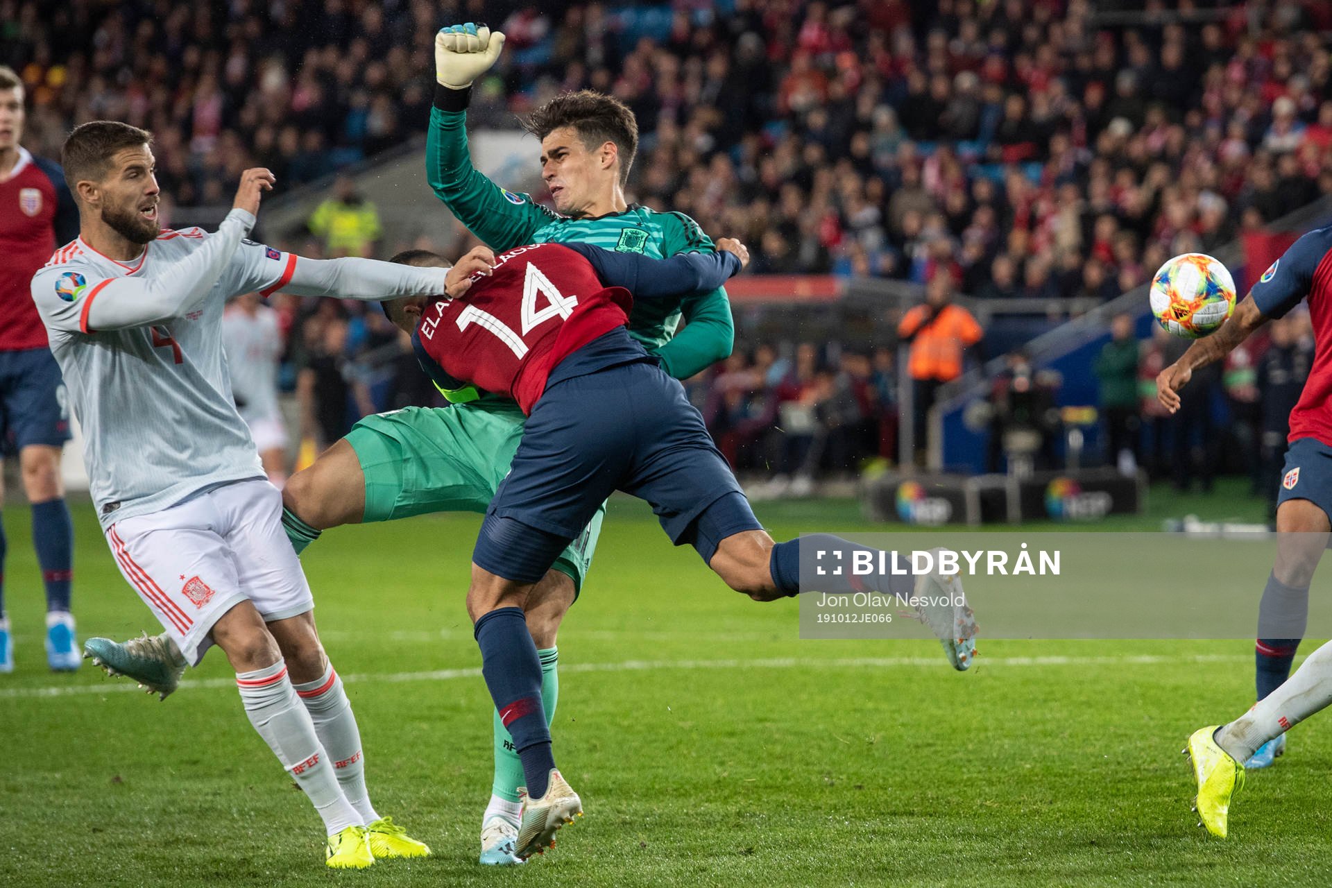 Omar Elabdellaoui of Norway collides with goalkeeper Kepa