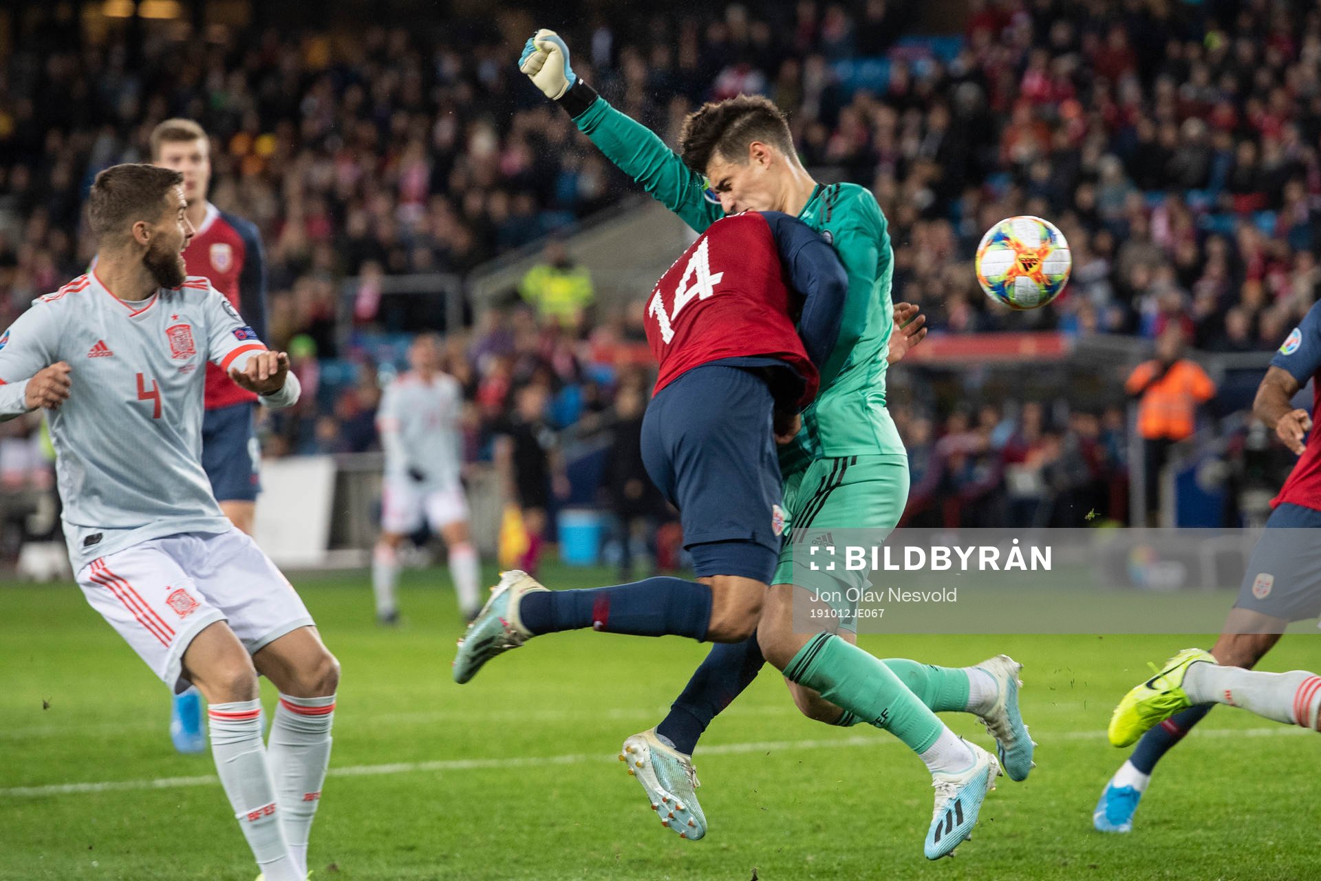 Omar Elabdellaoui of Norway collides with goalkeeper Kepa