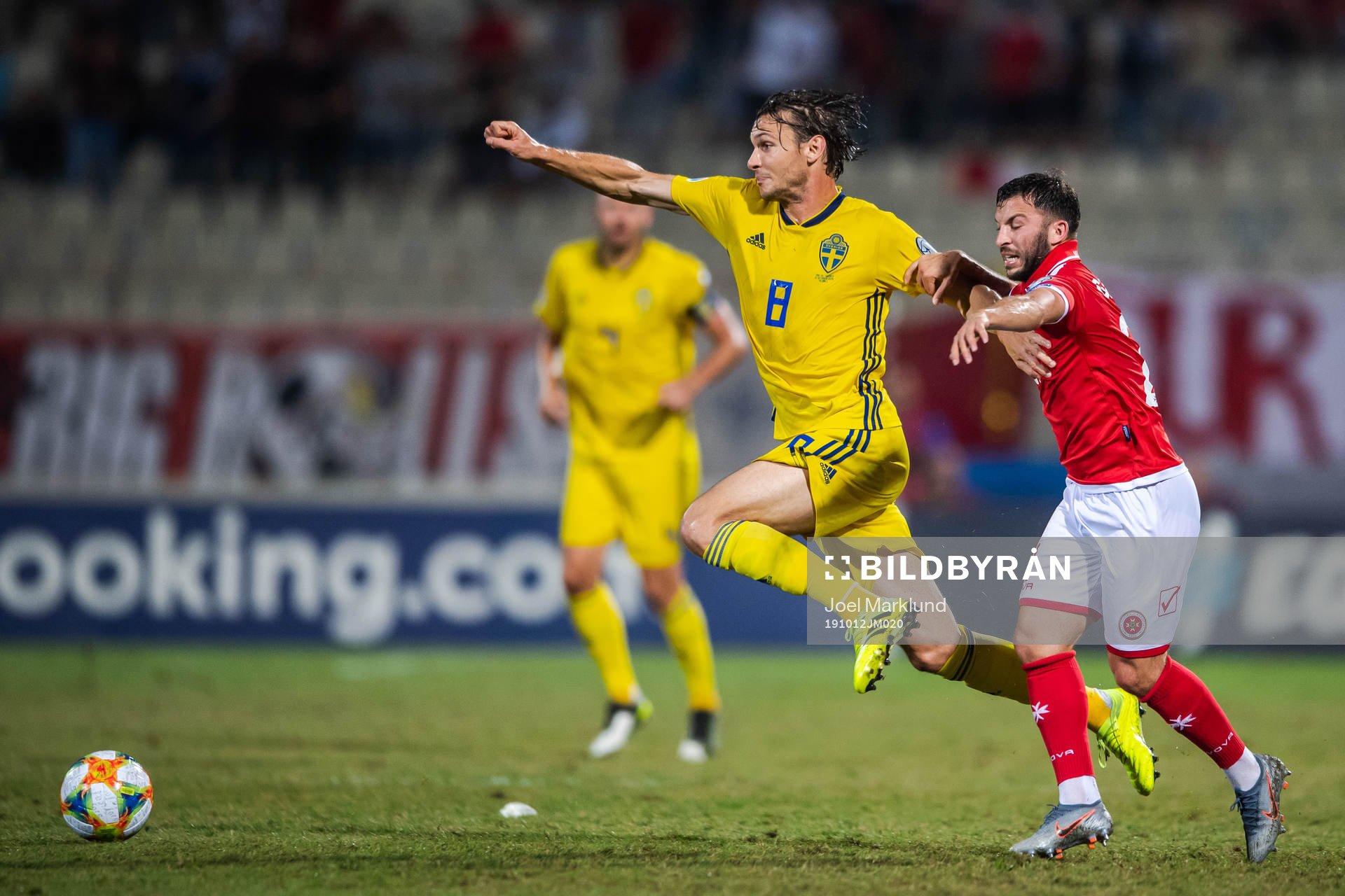 Albin Ekdal of Sweden and Jonathan Caruana of Malta during the UEFA Euro Qualifier football match between Malta and Sweden on October 12, 2019 in Ta'Qali.