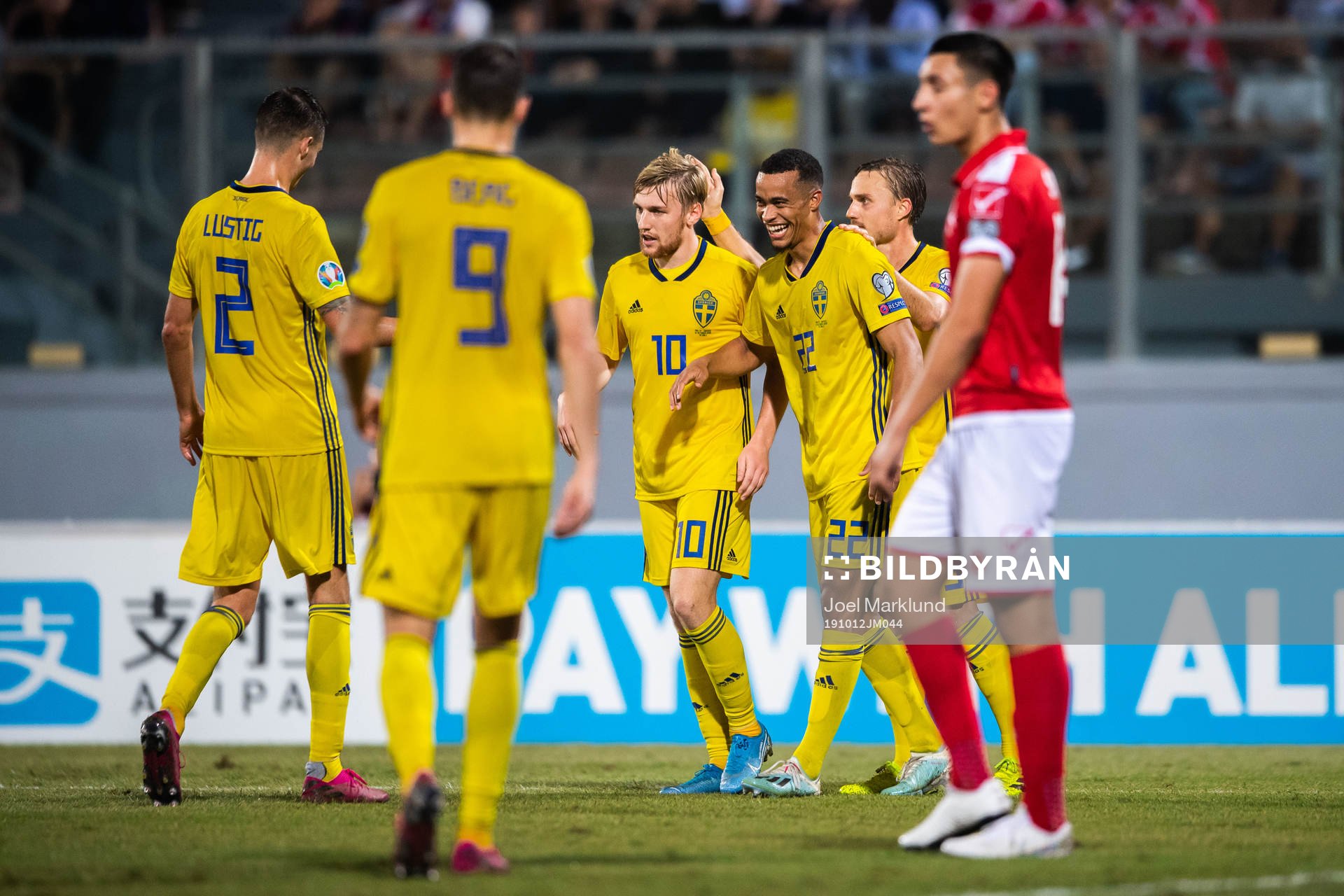 Mikael Lustig, Emil Forsberg, Robin Quaison and Pierre Bengtsson of Sweden celebrate after 0-3 during the UEFA Euro Qualifier football match between Malta and Sweden on October 12, 2019 in Ta'Qali.