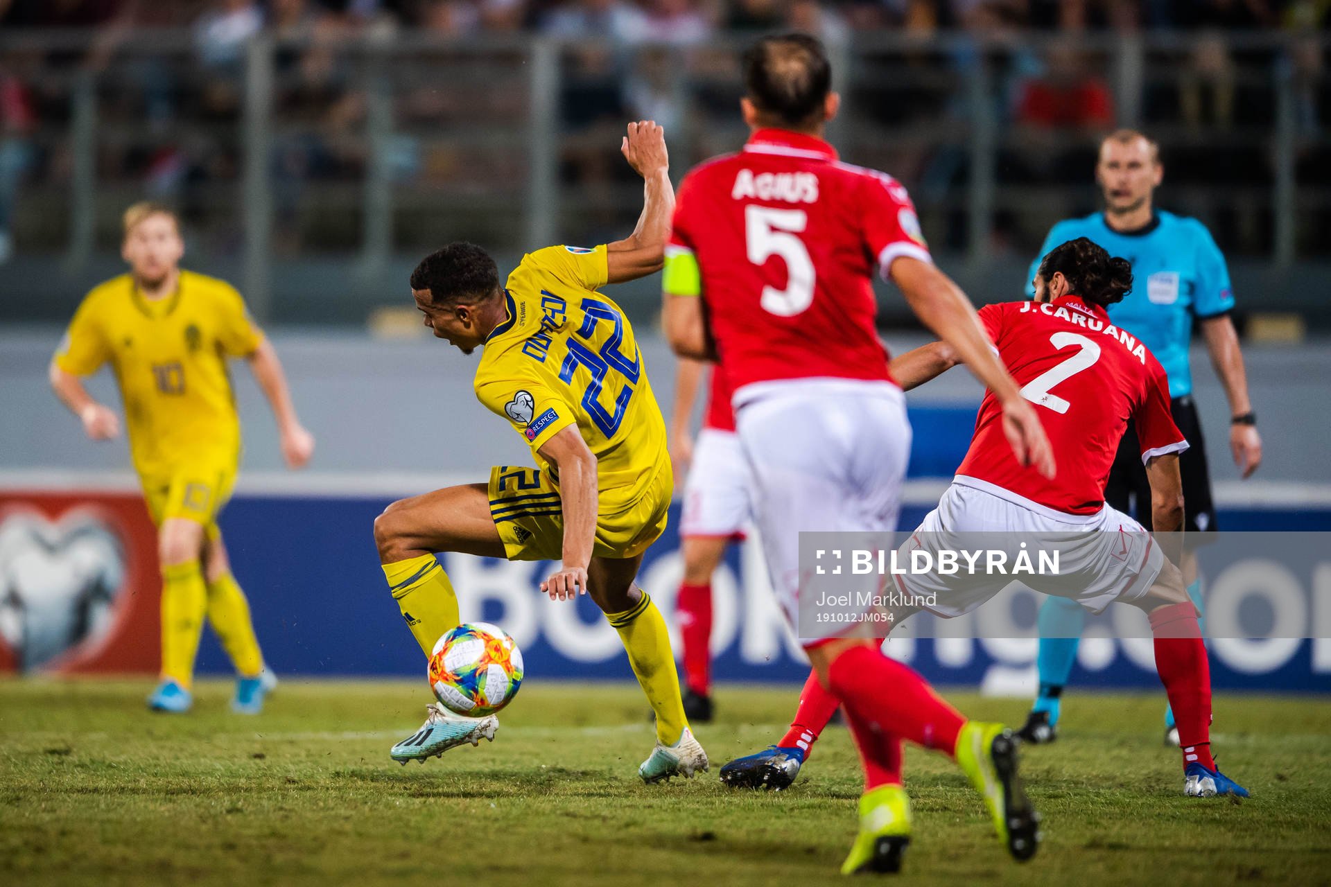 Robin Quaison of Sweden and Jonathan Caruana of Malta during the UEFA Euro Qualifier football match between Malta and Sweden on October 12, 2019 in Ta'Qali.