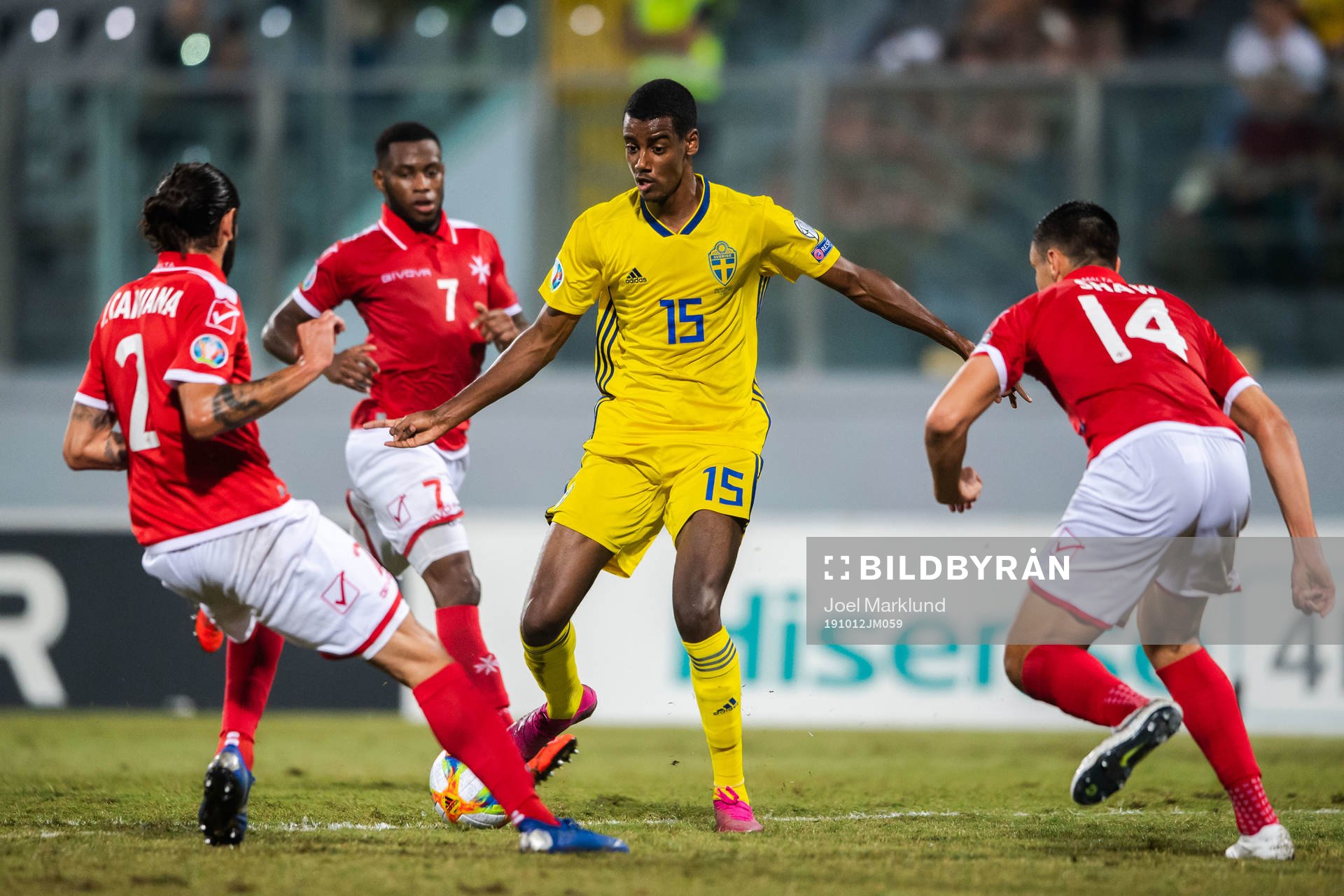 Jonathan Caruana, Joseph Mbong and Kurt Shaw of Malta against Alexander Isak of Sweden during the UEFA Euro Qualifier football match between Malta and Sweden on October 12, 2019 in Ta'Qali.
