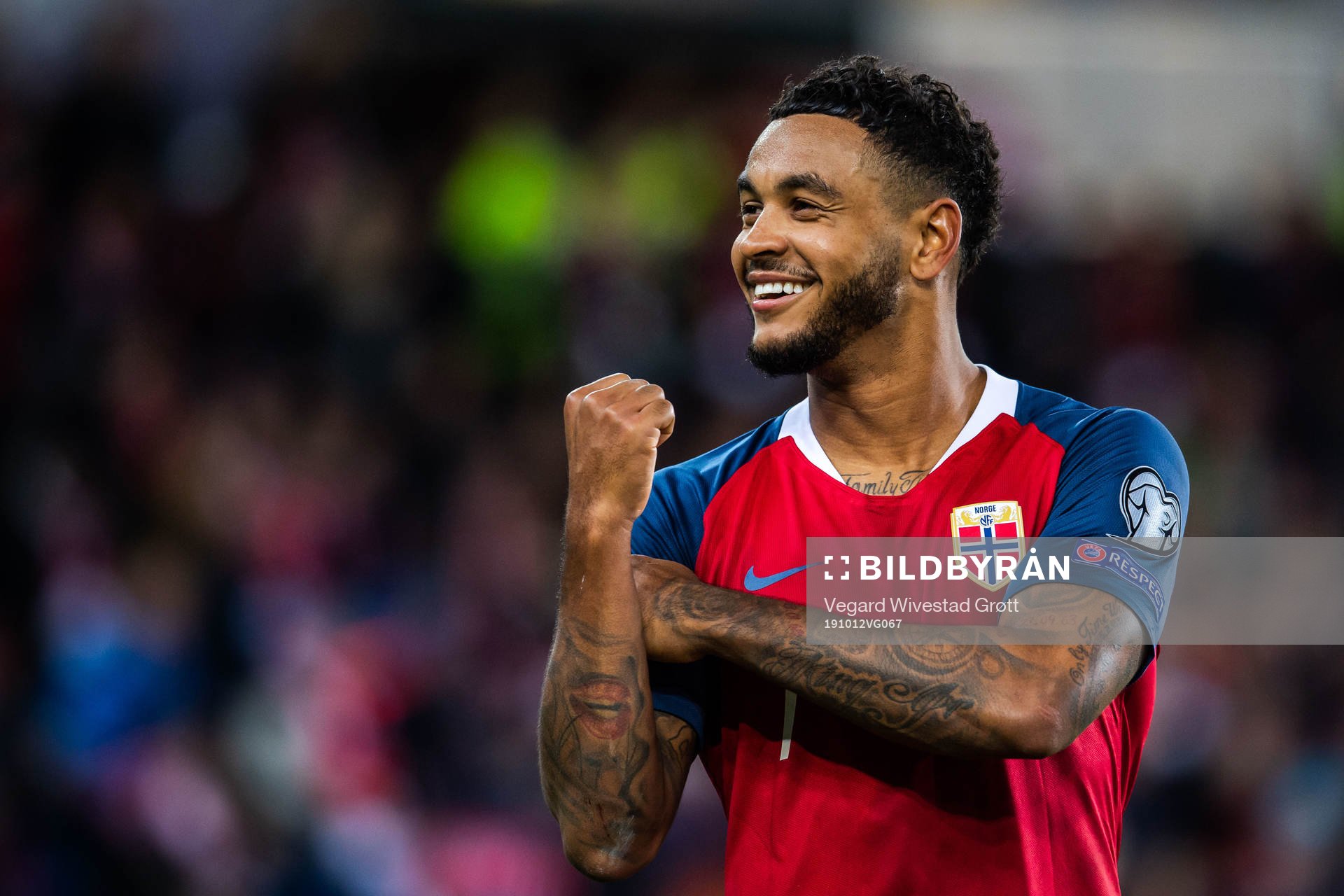 Joshua King of Norway celebrates after the UEFA Euro Qualifier football match between Norway and Spain on October 12, 2019 in Oslo.