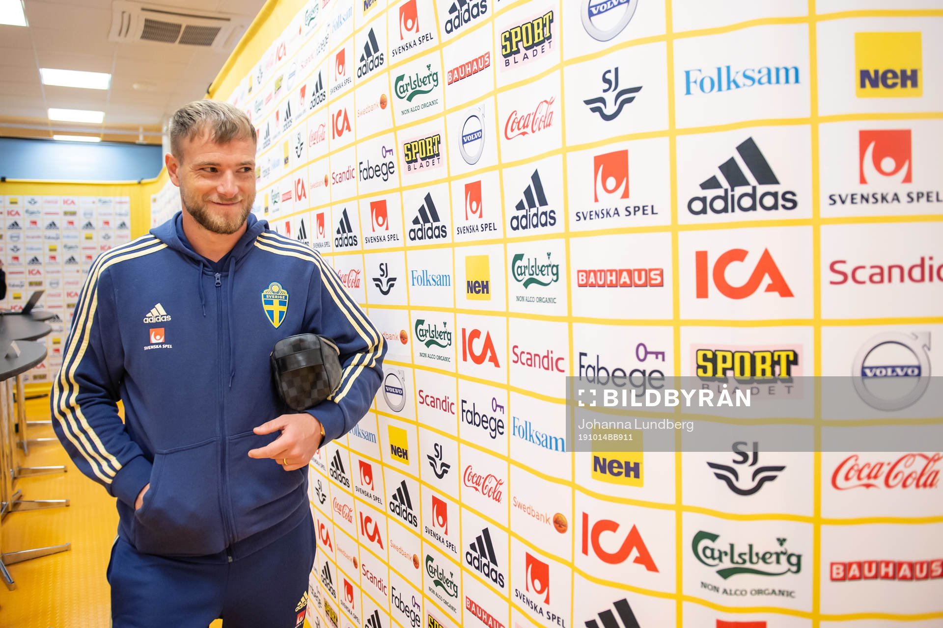 John Guidetti of the Swedish national football team in the mixed zone session after a training session on October 14, 2019 in Stockholm.