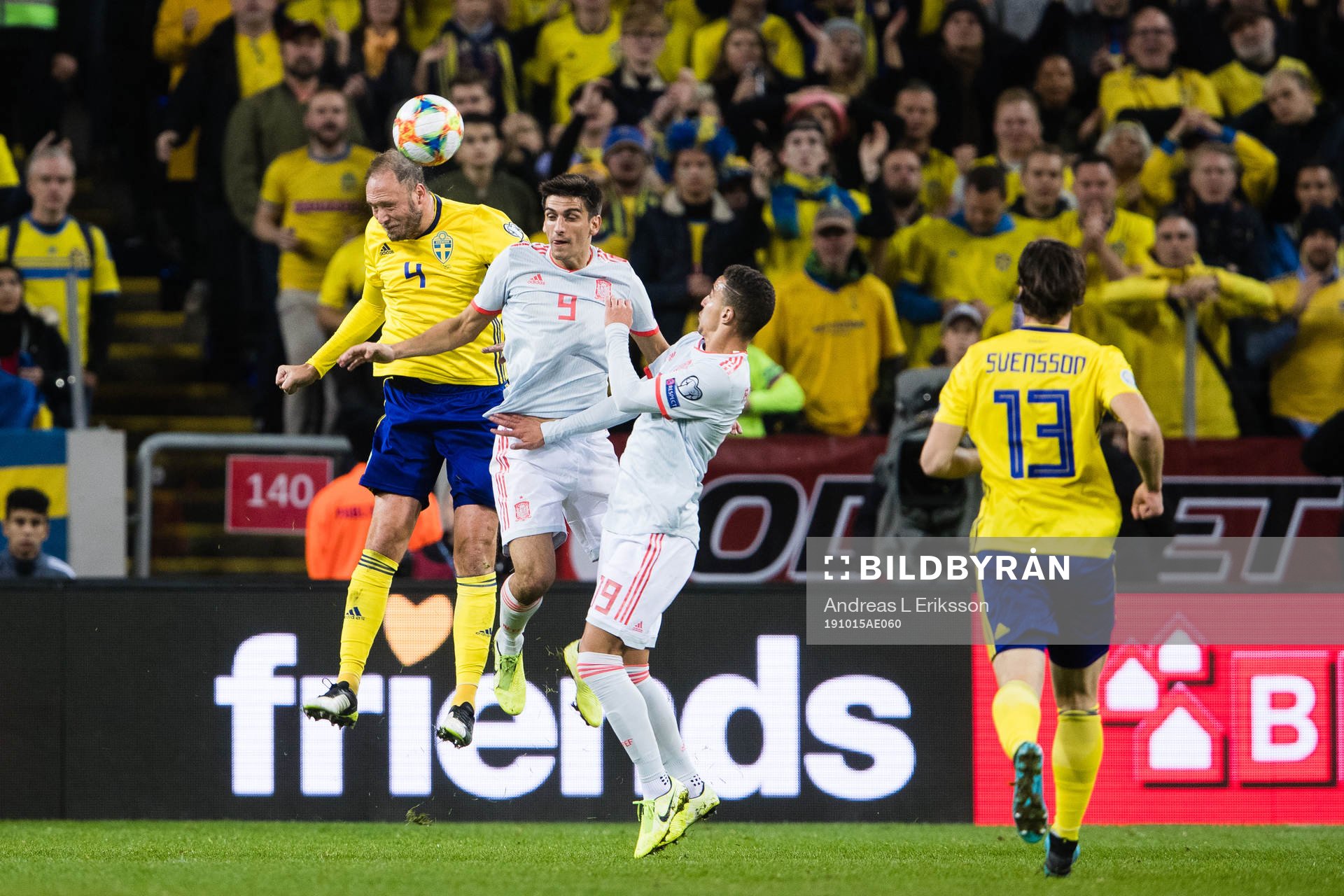 Andreas Granqvist of Sweden against Gerard Moreno and Rodrigo of Spain during the UEFA Euro Qualifier football match between Sweden and Spain on October 15, 2019 in Stockholm.