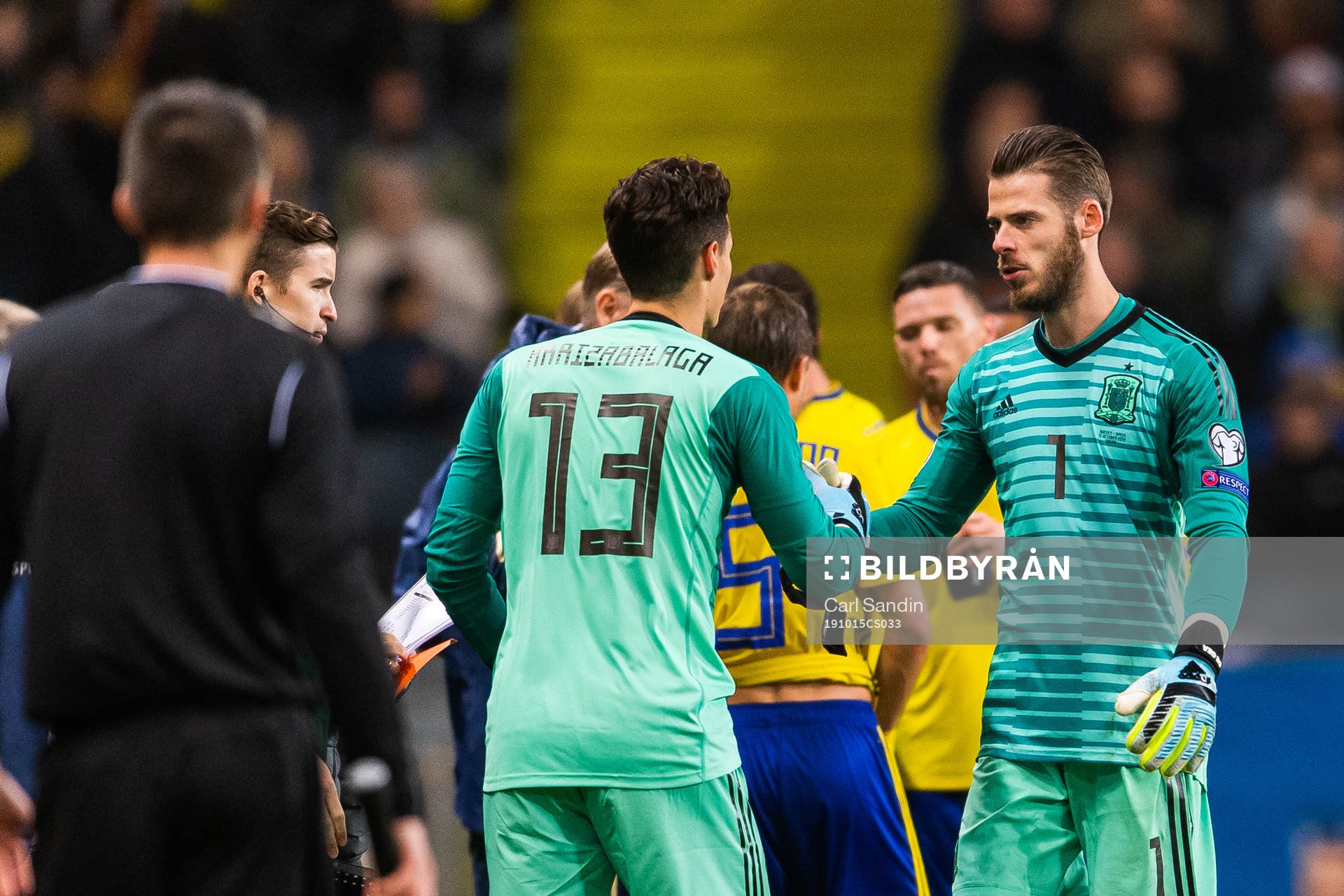Goalkeeper David de Gea is substituted for goalkeeper Kepa Arrizabalaga of Spain during the UEFA Euro Qualifier football match between Sweden and Spain on October 15, 2019 in Stockholm.