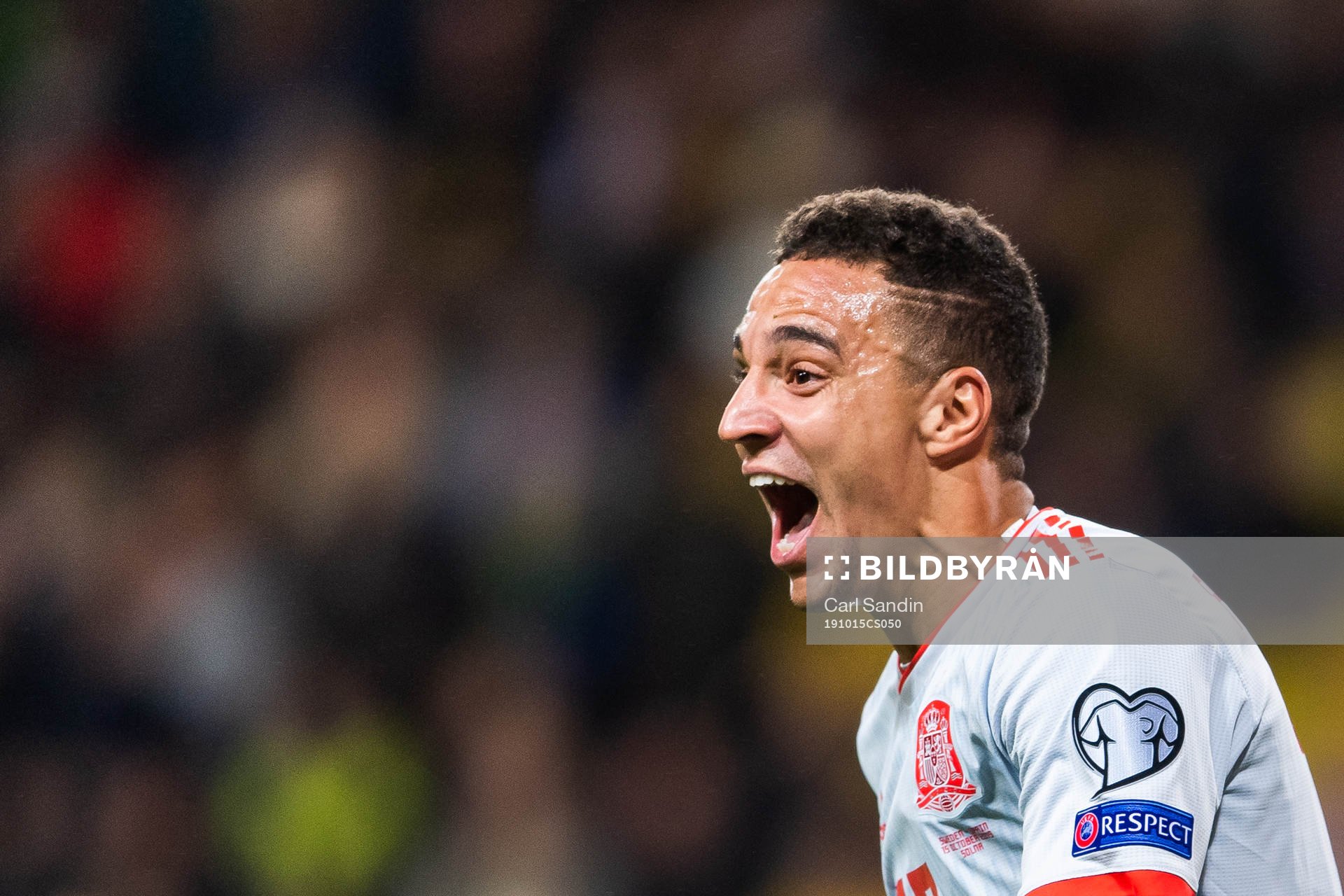 Rodrigo of Spain celebrates scoring 1-1 during the UEFA Euro Qualifier football match between Sweden and Spain on October 15, 2019 in Stockholm.