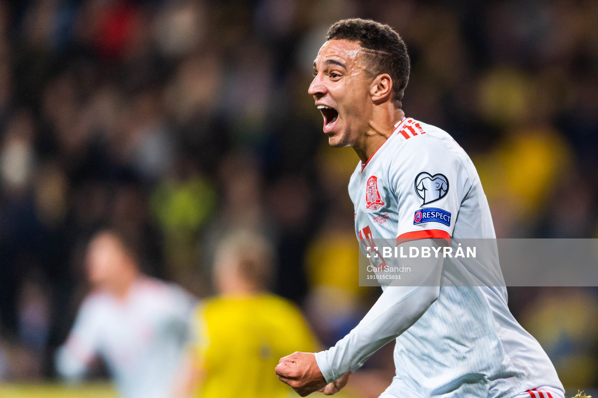 Rodrigo of Spain celebrates scoring 1-1 during the UEFA Euro Qualifier football match between Sweden and Spain on October 15, 2019 in Stockholm.