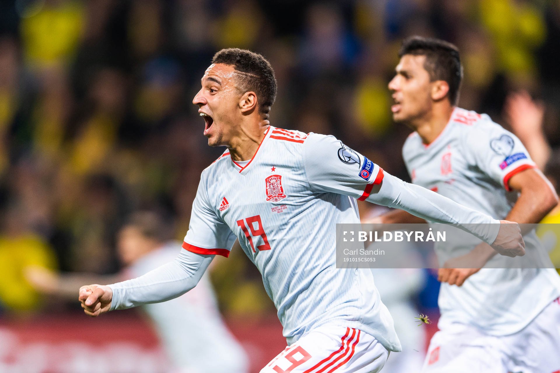 Rodrigo of Spain celebrates scoring 1-1 during the UEFA Euro Qualifier football match between Sweden and Spain on October 15, 2019 in Stockholm.