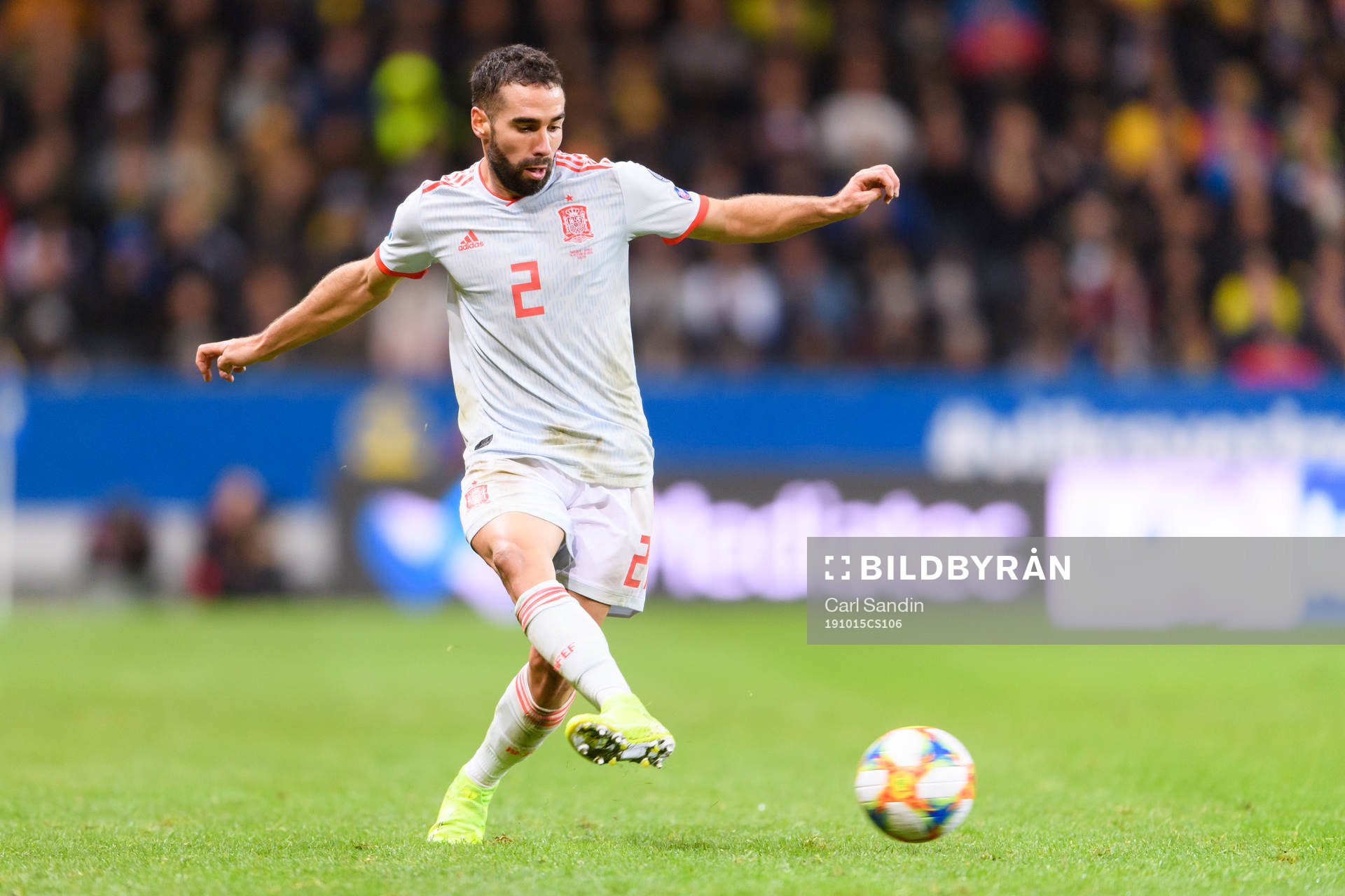 Dani Carvajal of Spain during the UEFA Euro Qualifier football match between Sweden and Spain on October 15, 2019 in Stockholm.