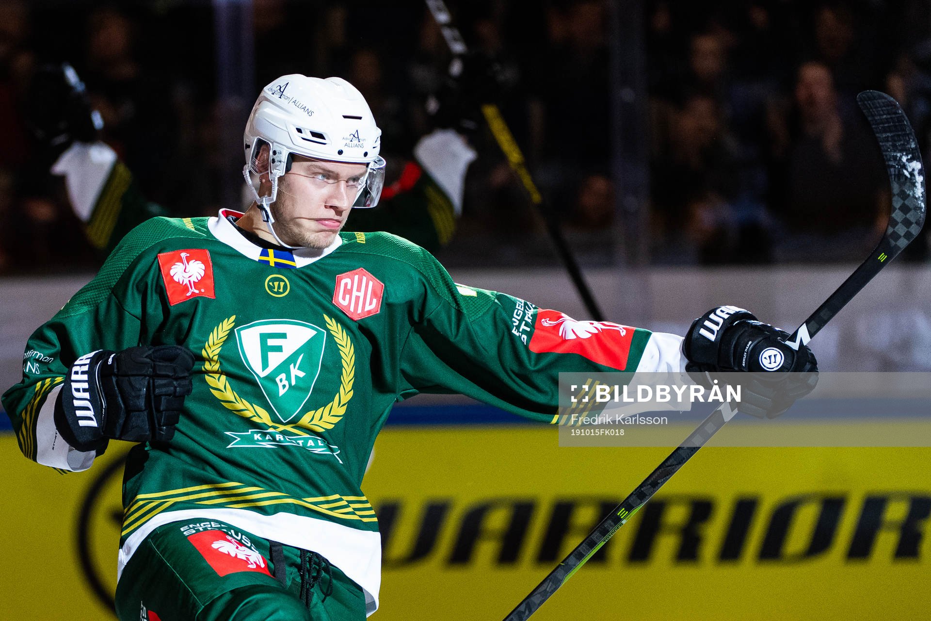 Victor Ejdsell of Färjestad celebrates scoring 1-1