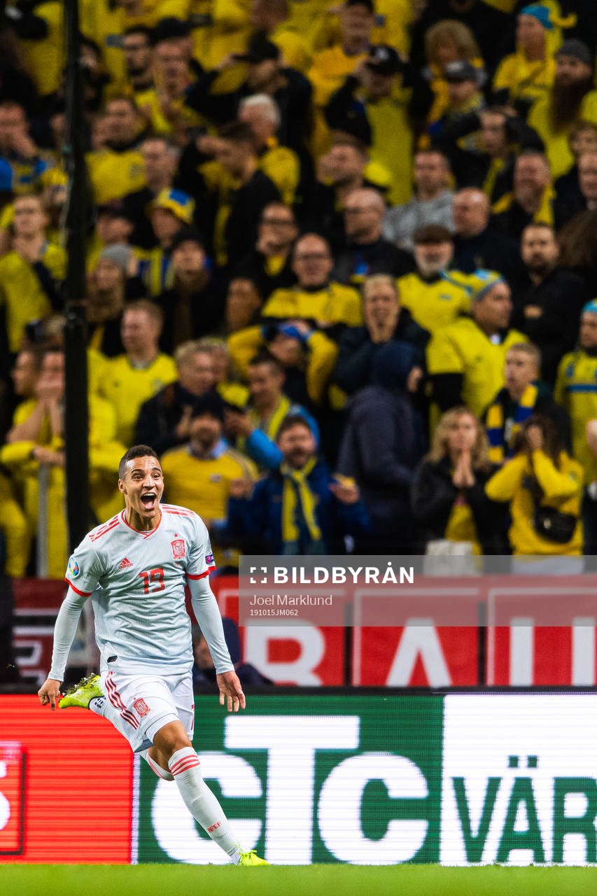 Rodrigo of Spain celebrates after scoring 1-1 during the UEFA Euro Qualifier football match between Sweden and Spain on October 15, 2019 in Stockholm.