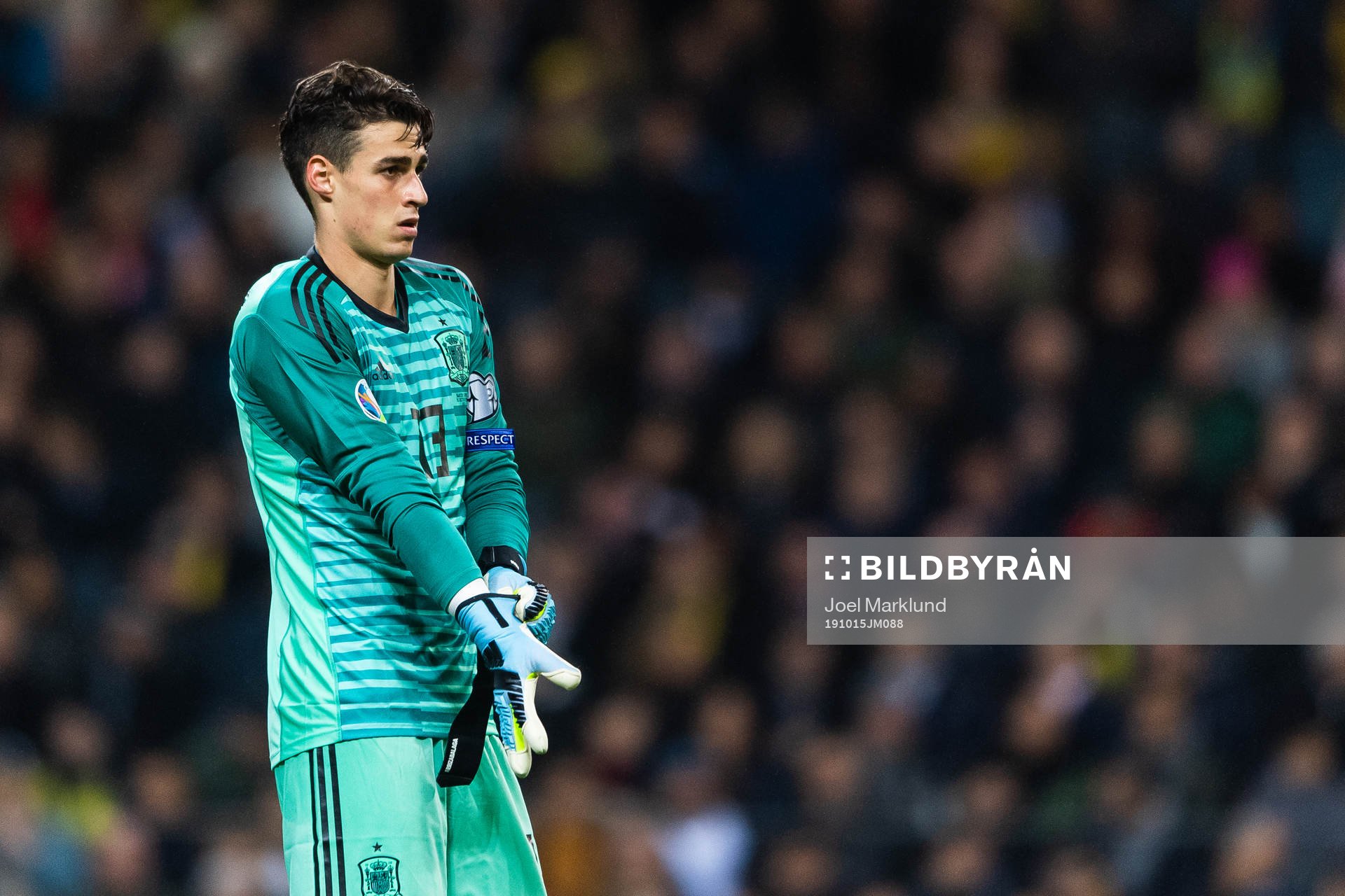 Goalkeeper Kepa Arrizabalaga of Spain during the UEFA Euro Qualifier football match between Sweden and Spain on October 15, 2019 in Stockholm.