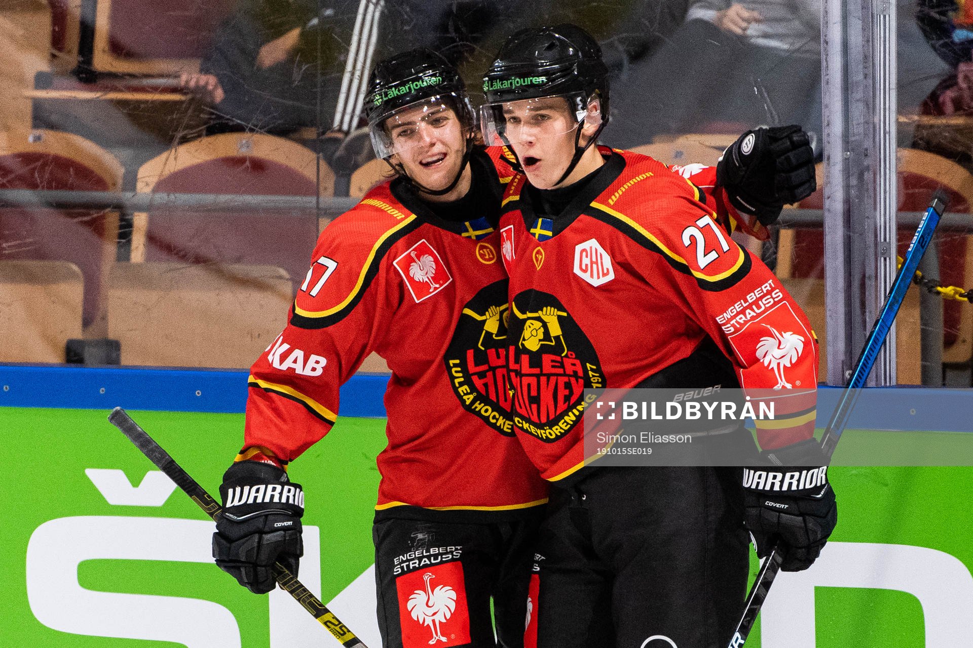 Isac Brännström celebrates with Nils Lundkvist of Luleå