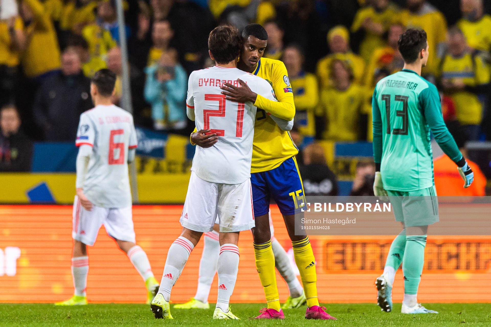 Ken Sema of Spain hug Alexander Isak of Sweden