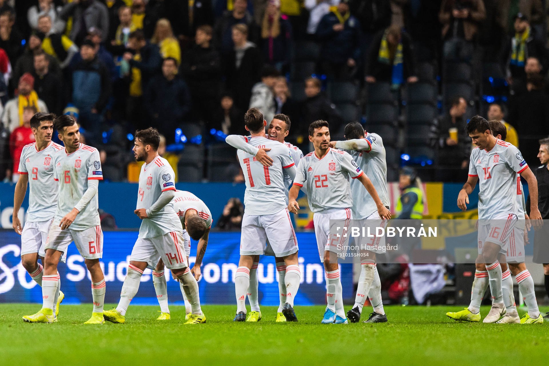 Rodrigo of Spain celebrates with team mates after scoring 1-1 during the UEFA Euro Qualifier football match between Sweden and Spain on October 15, 2019 in Stockholm.