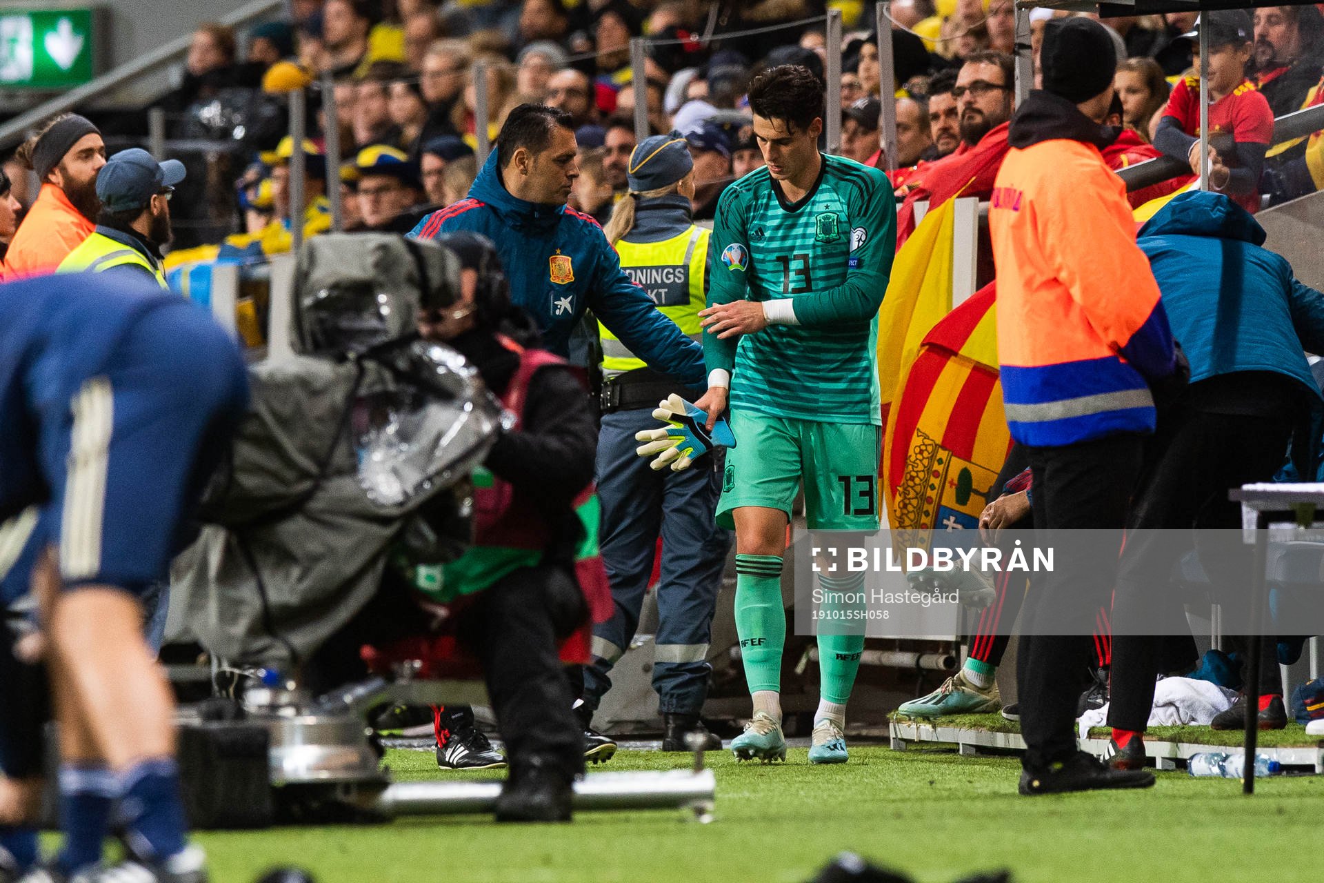 Goalkeeper Kepa Arrizabalaga of Spain prepares to enter the pitch during the UEFA Euro Qualifier football match between Sweden and Spain on October 15, 2019 in Stockholm.