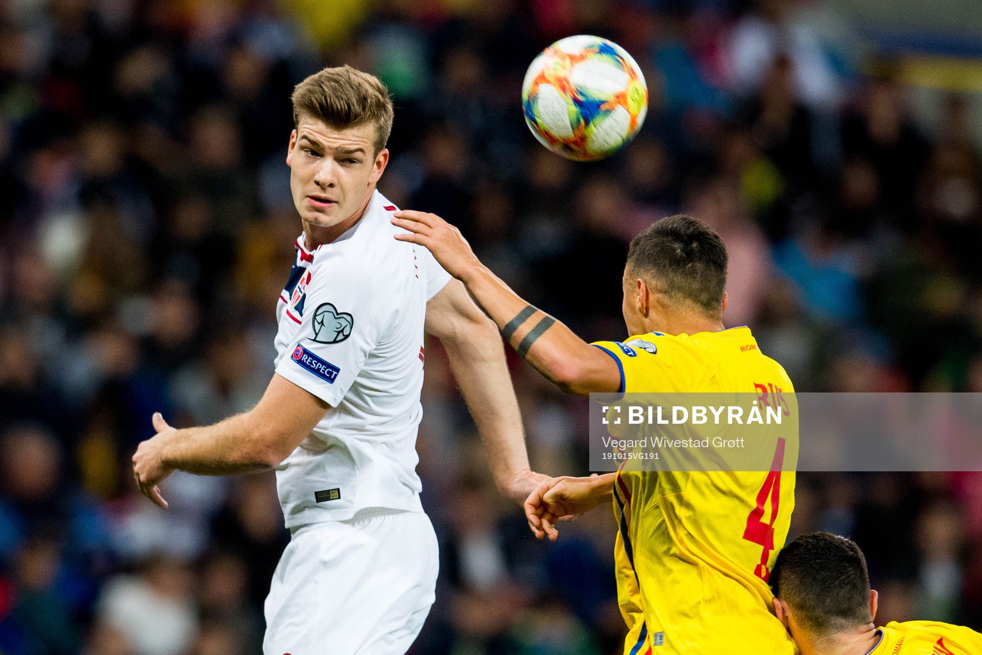 Alexander Sørloth of Norway and Adrian Rus of Romania