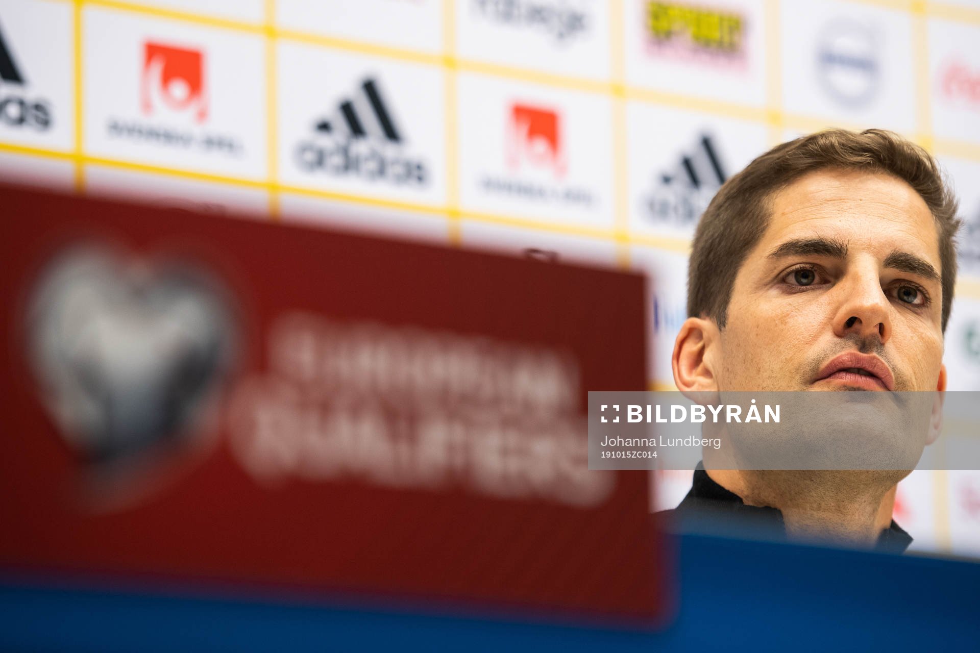 Robert Moreno, head coach of Spain at the press conference after the UEFA Euro Qualifier football match between Sweden and Spain on October 15, 2019 in Stockholm.