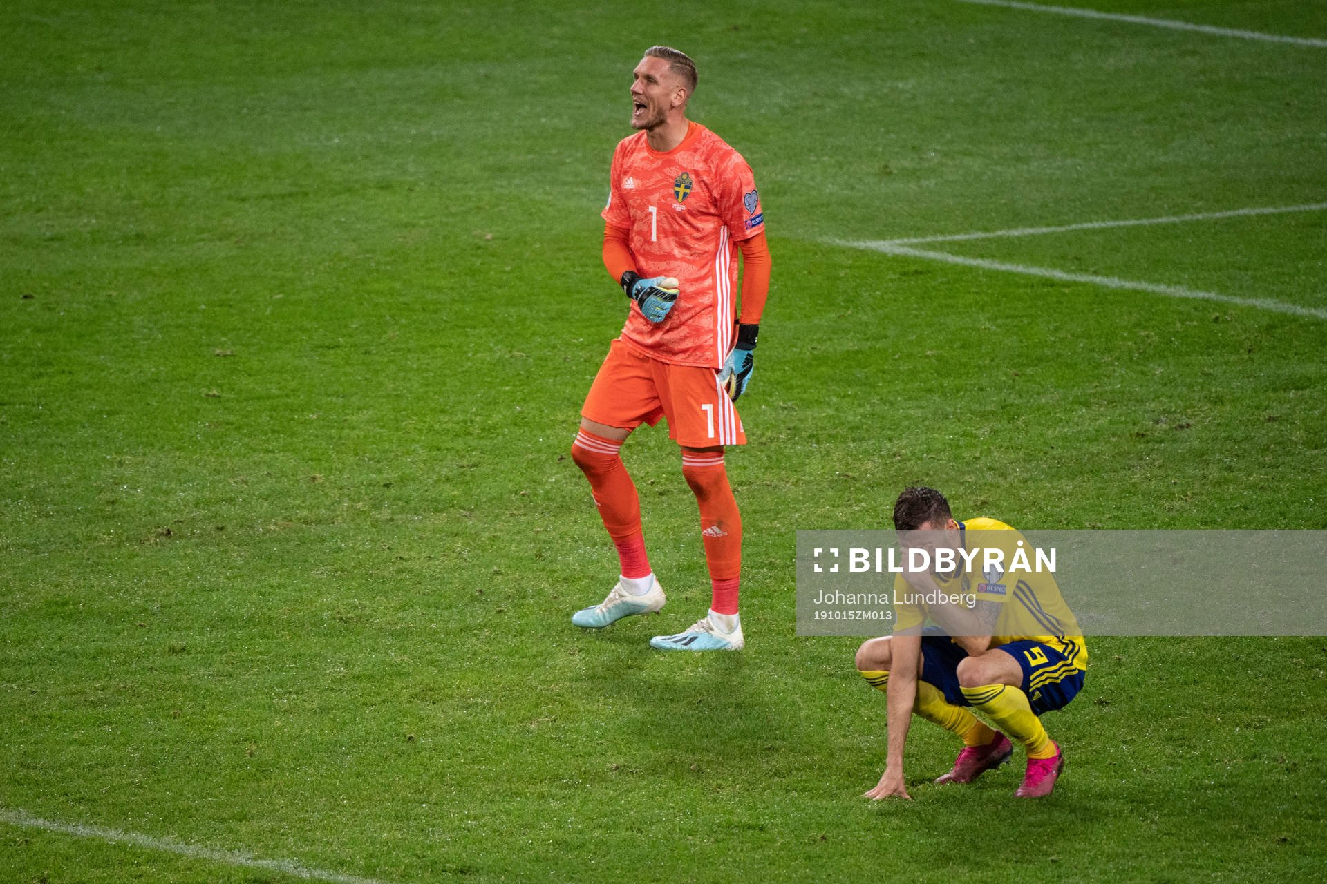 goalkeeper Robin Olsen and Marcus Berg of Sweden looks