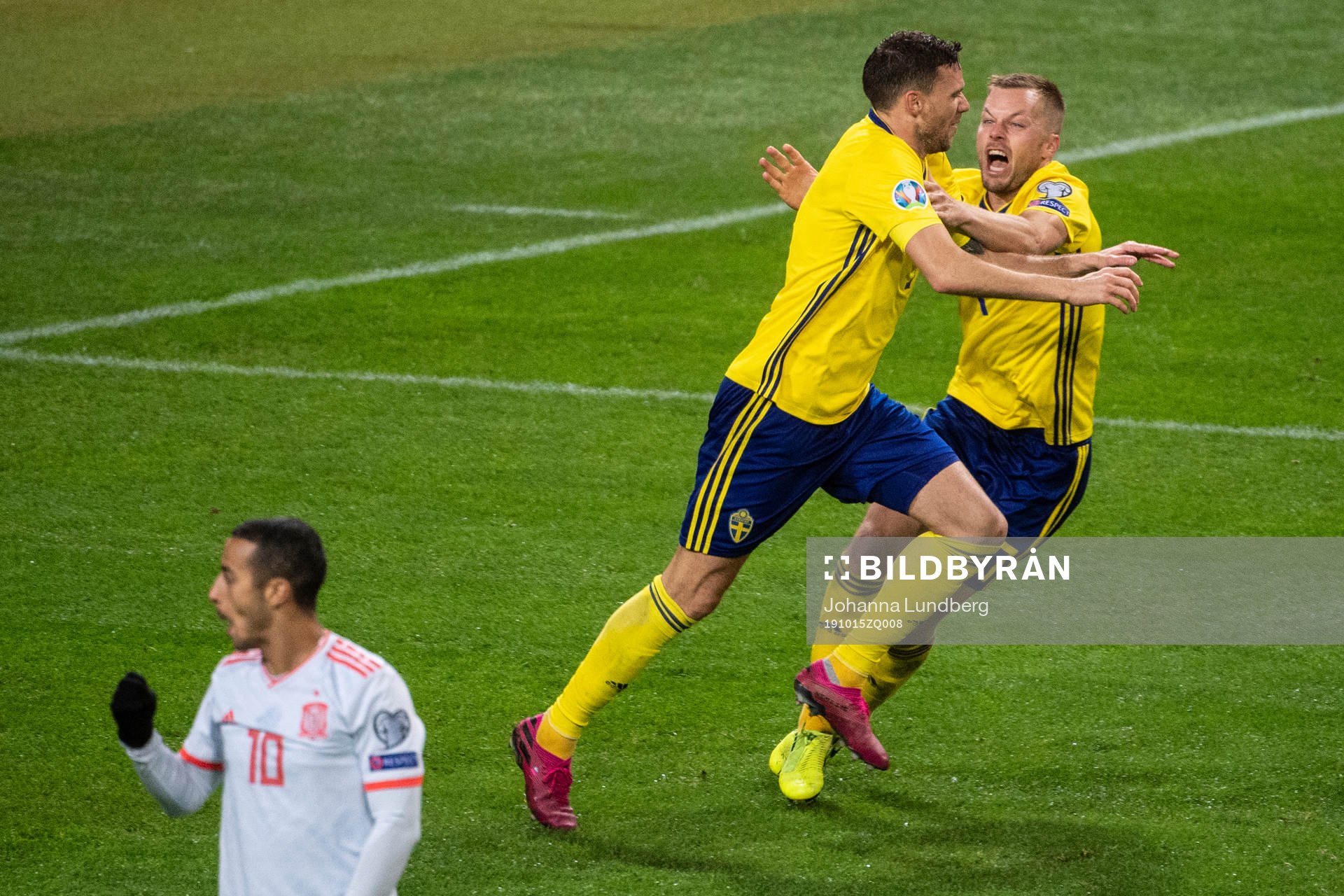 Marcus Berg and Sebastian Larsson of Sweden celebrates as