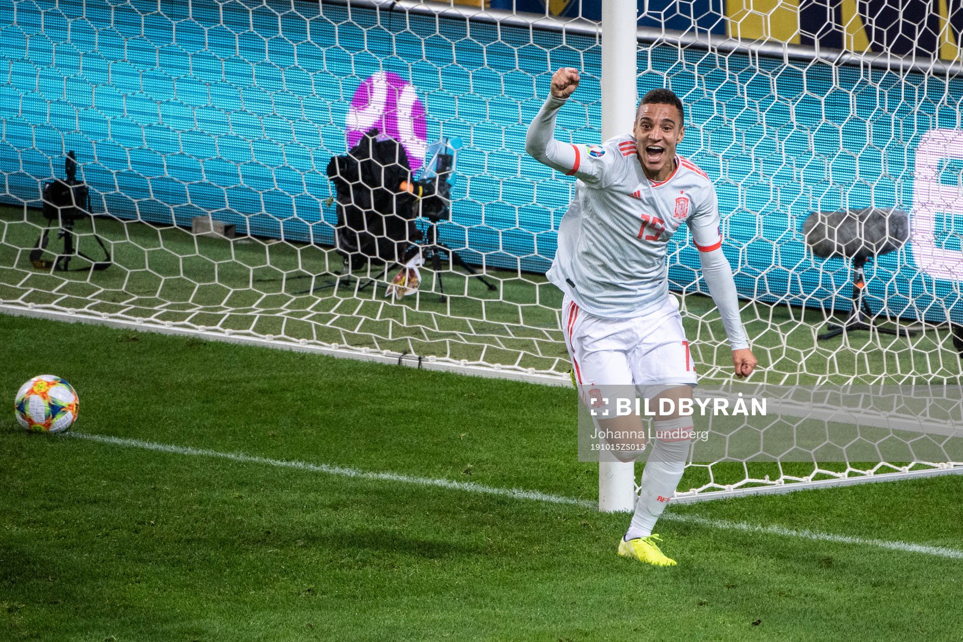 Rodrigo of Spain celebrates after 1-1 during the UEFA Euro Qualifier football match between Sweden and Spain on October 15, 2019 in Stockholm.