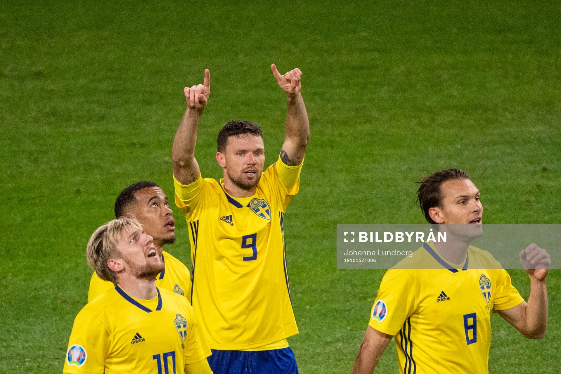 Marcus Berg, Emil Forsberg, Robin Quaison and Albin Ekdal celebrates after 1-0 during the UEFA Euro Qualifier football match between Sweden and Spain on October 15, 2019 in Stockholm.